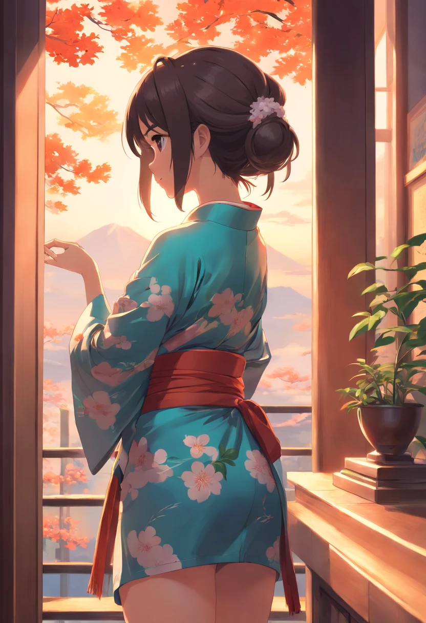 1girl, female, masterpiece, best detail, perfect body proportions, detailed art, view from behind, kimono, bending over, beautiful ass, view from below, woman