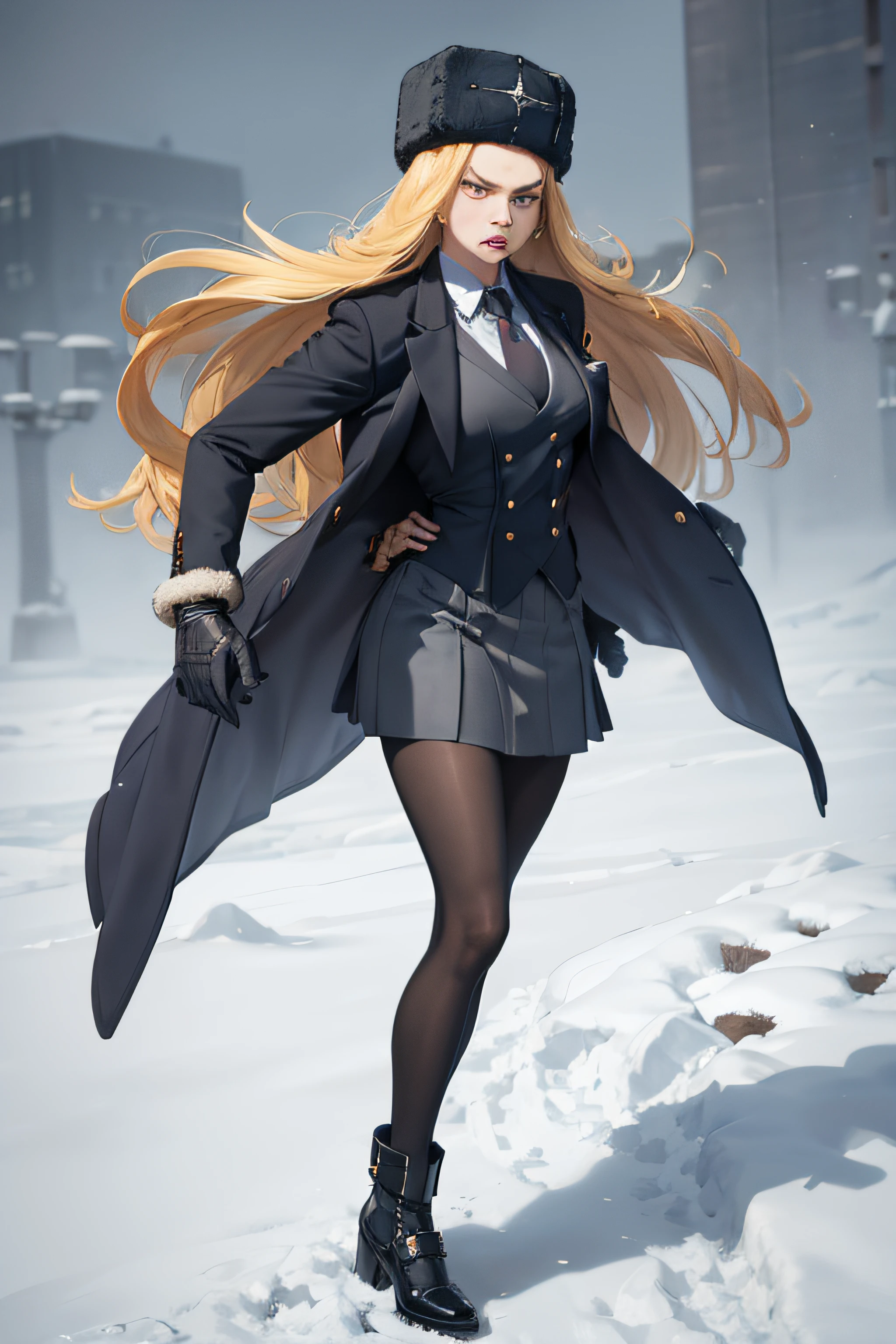 masterpiece, best quality, sfKolin, fur hat, skirt suit, (((three-piece suit))), necktie, blazer, suit jacket, waistcoat, bodycon skirt, snow, grey sky, fighting stance, furowed brow, serious, looking at viewer, standing