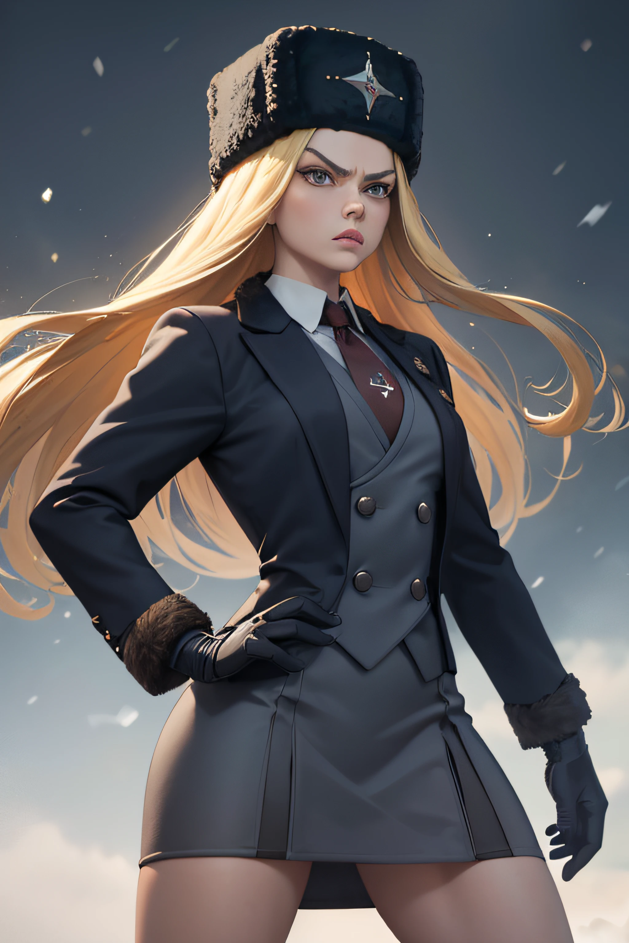 masterpiece, best quality, sfKolin, fur hat, skirt suit, (((three-piece suit))), necktie, blazer, suit jacket, waistcoat, bodycon skirt, snow, grey sky, fighting stance, furowed brow, serious, looking at viewer, standing