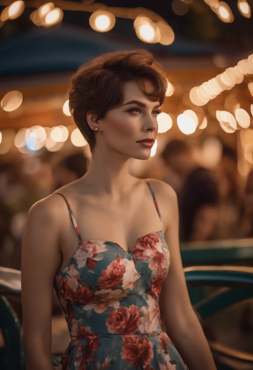 best quality, 1girl, (skindentation), (huge breast:1.2), (blur background:0.6), in a crowded amusement park, (casual yet stylish, elegant cloth,floral dress:1.5 ), gorgeous, (short hair:1.5), soft lighting, wind, (front light:1.5), surprised,