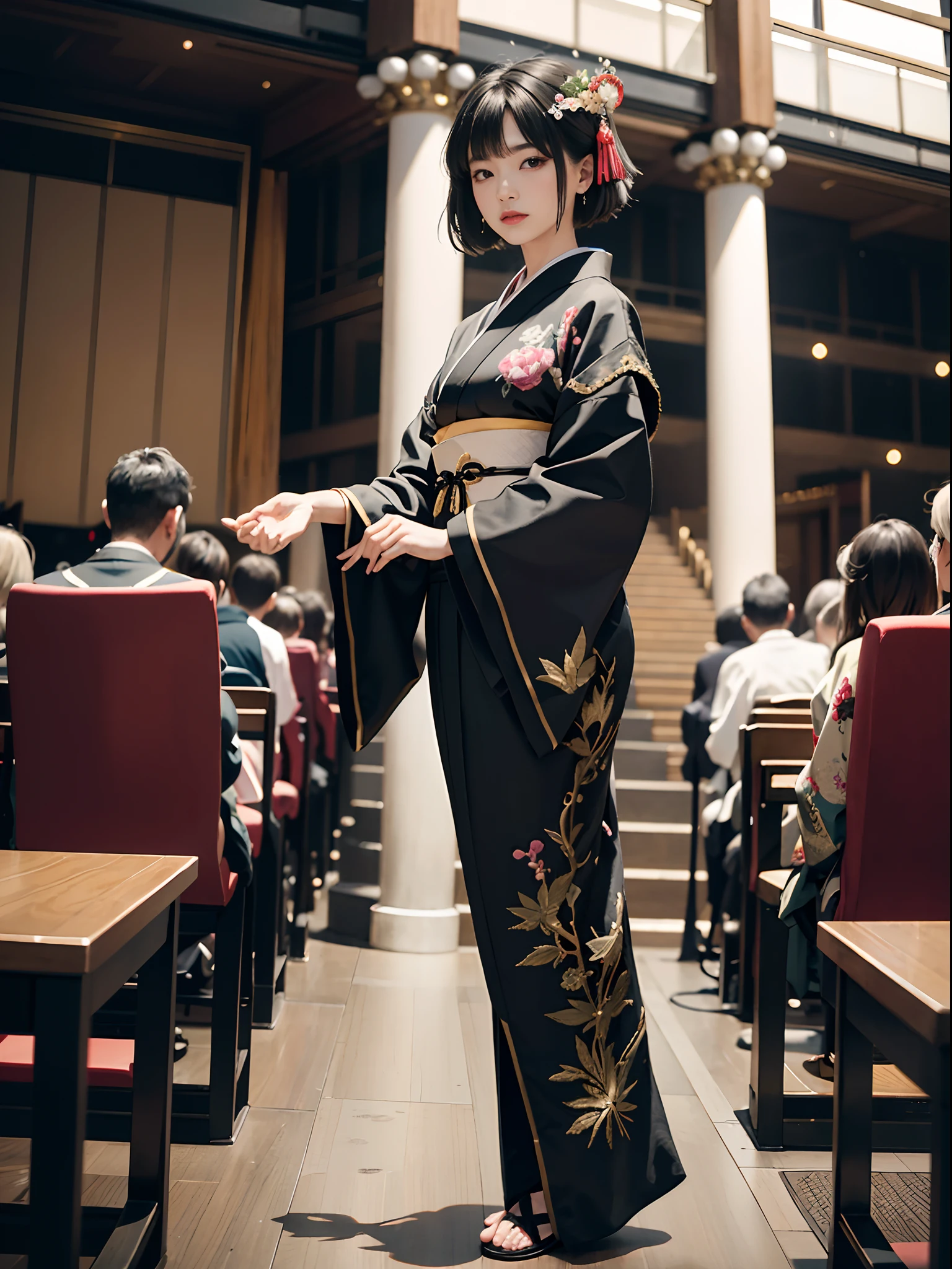 Background of details(concert hall,Playing the koto:1.2),BREAK ,elaborate costume(Luxury kimono(Black kimono(detailed embroidery))),BREAK,1 Beautiful and classy adult woman(Japanese actressl:1.2)(shinny hair(A black,verdant),(Short hair:1.2)),BREAK,Wallpapers 16K,Blur the background,(masutepiece:1.5), (Best Quality:1.5),(Portrait photos:1.5),(full body Esbian:1.5)