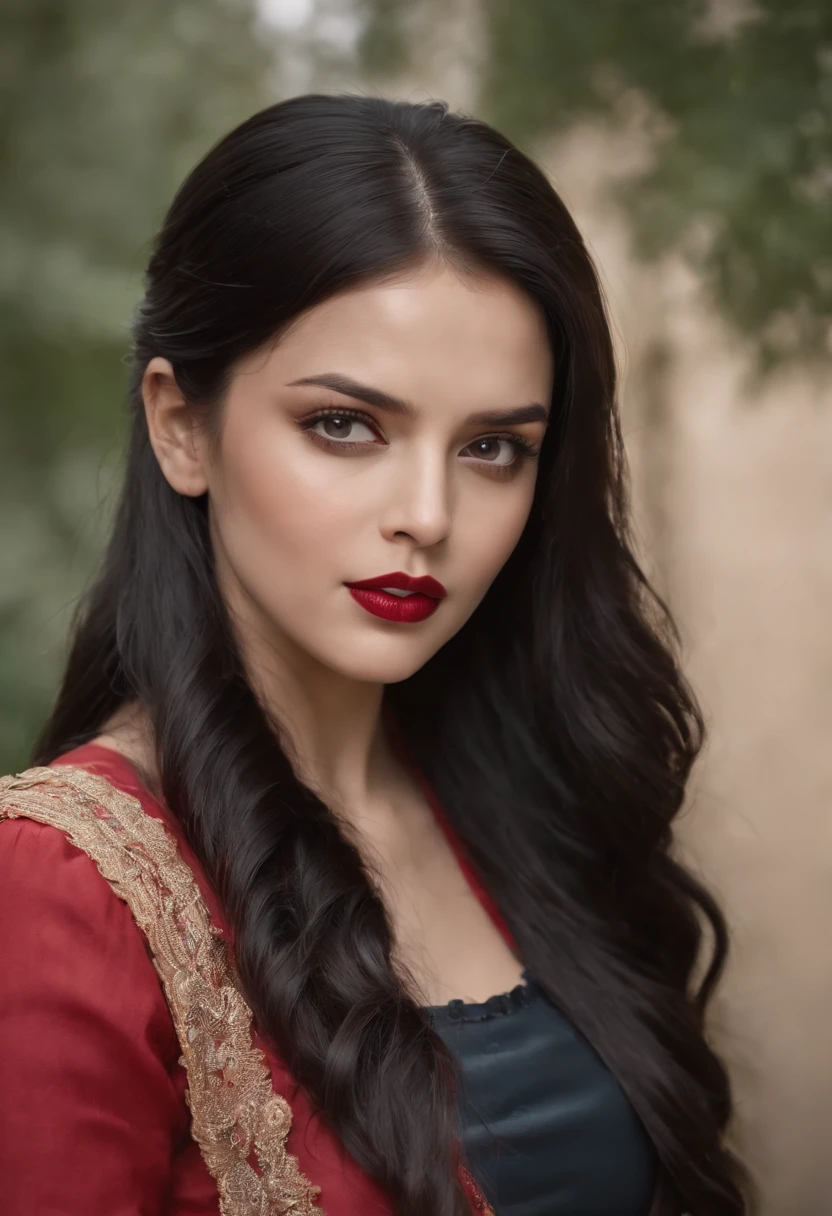 A girl like Aishwaryra Rai, Black hair, side ponytail, hair over one eye, open mouth, moaning, rape face, red lips, cowboy shot, 4k realistic, cinematic