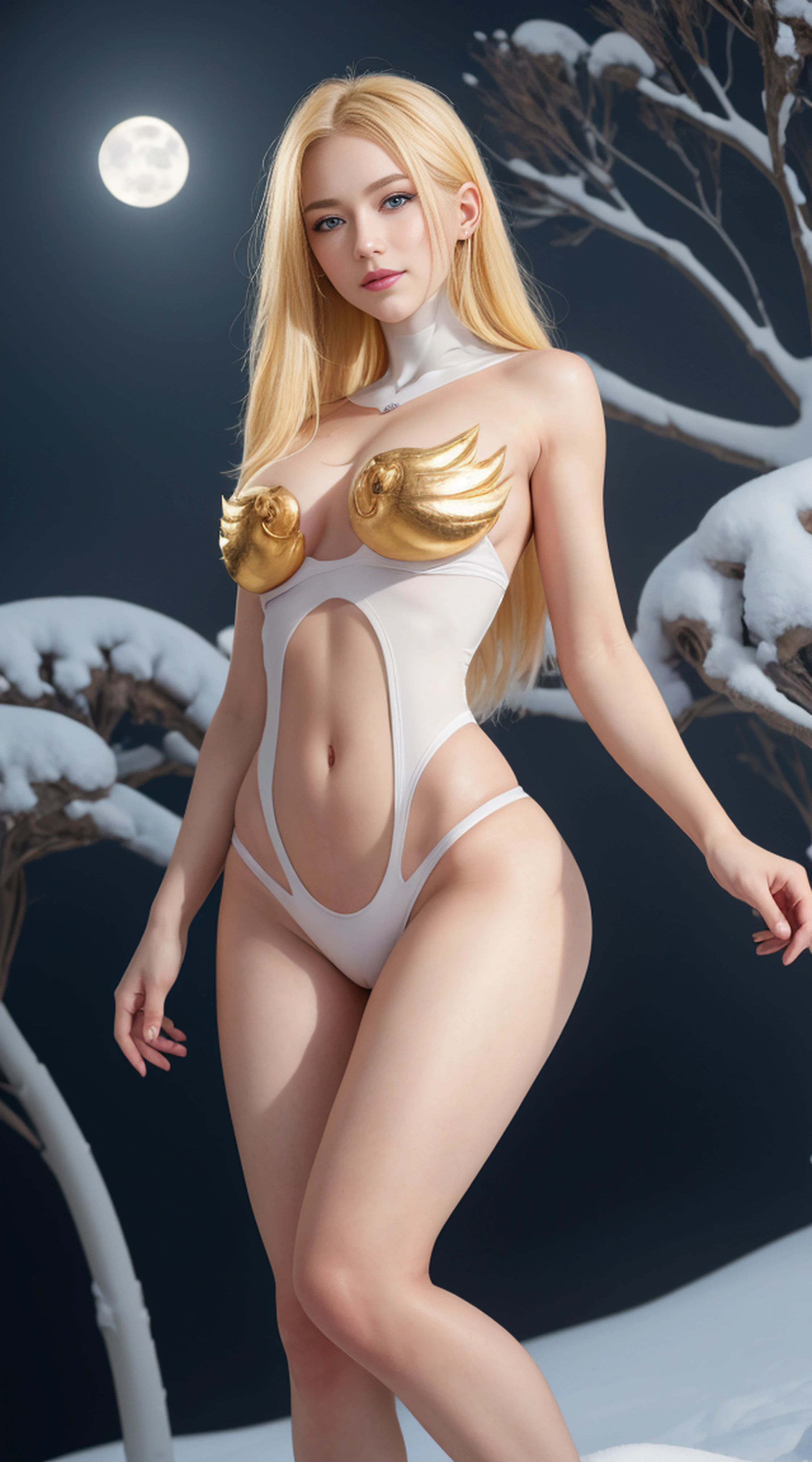 8K, Top Quality, Intricate Details, Ultra Detail, Ultra High Resolution, Masterpiece, random angle,  Slender, Smile, (Makeup: 0.4), (Fluffy Blue Eyes: 1.21), blue Eyes, looking at viewer, ((full body)), 1girl, solo, 1 girl, (( full body)), close up shot, standing,  , ((tall)), (((fit body))), (((slim face))), sharp face, sharp eyes, (((golden hair,  long hair,  )) , (detailed face), sharp face, small lips, 
 (( )), ((bone piece suit)),  detailed face, detailed breast, , large breast, detail ass, , Beautiful girl with accentuated slender abs: 1.4, Six Pack Abs: 1.4, Bust Botox, Big, Perfect Body, detail leg, (( moonlight)), in the snow