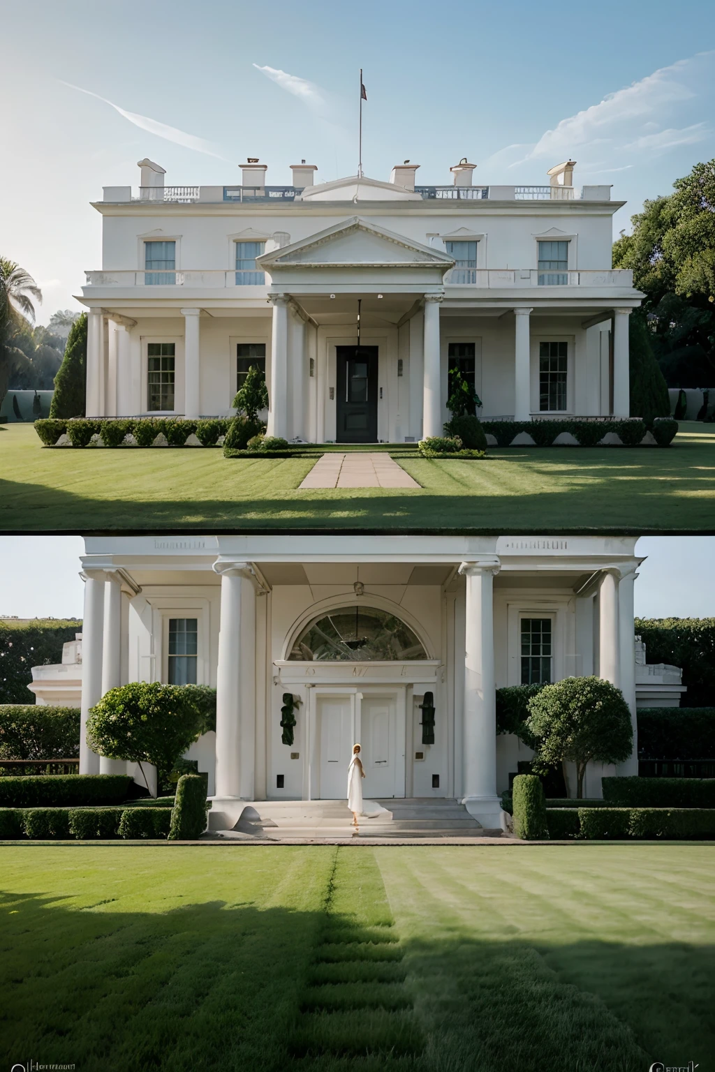 arranged white house with a large lawn and a couple standing in front of door, neo-classical style, exterior design, inter-dimensional villa, architectural visualization, classicism style, overall architectural design, classicism art style, neoclassical style, classical style, realistic architecture, luxury architecture, neo-classical, neo-classical, stunning grand architecture, exquisite architecture