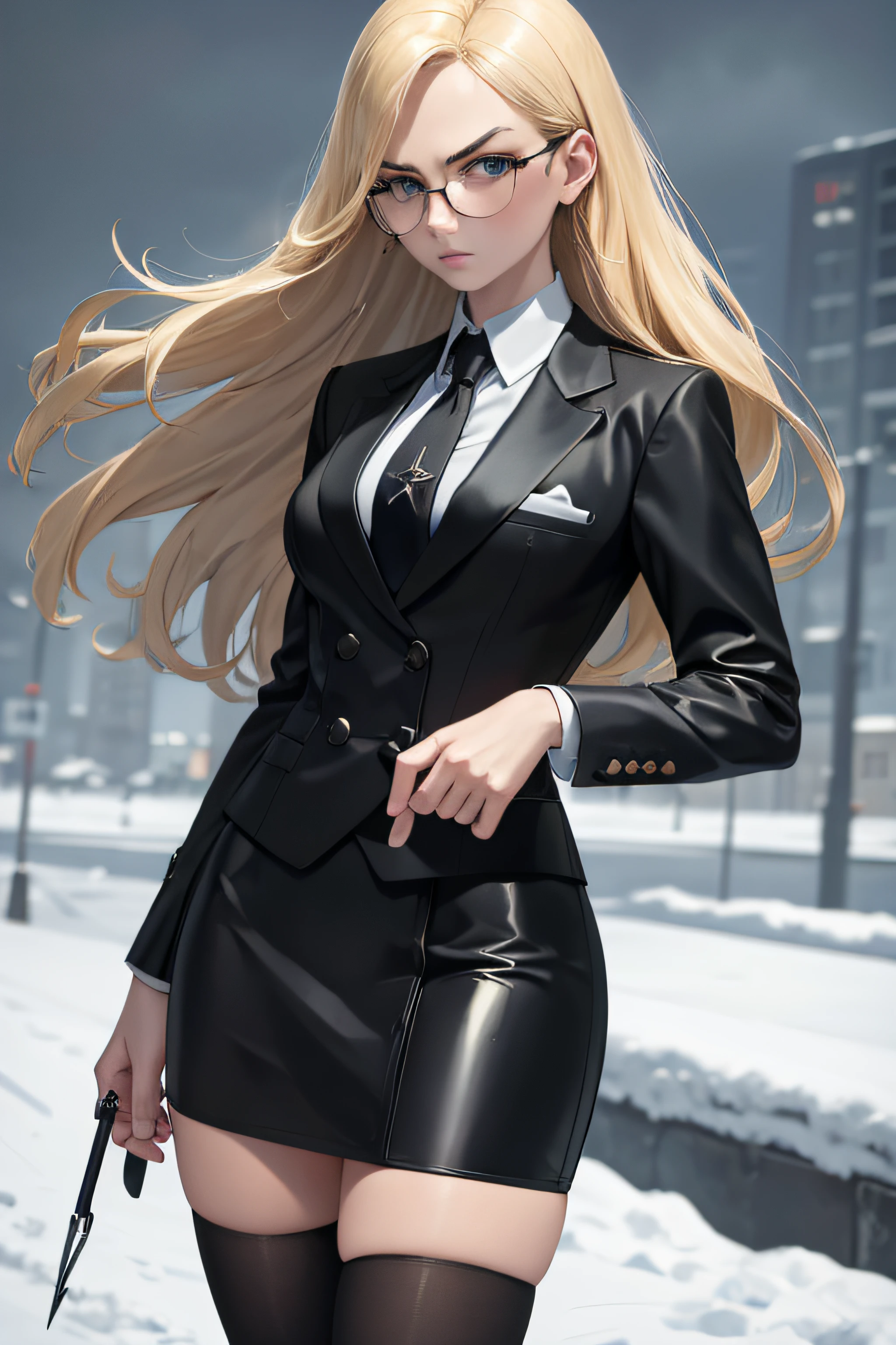 masterpiece, best quality, sfKolin, glasses, black shiny skirt suit, (((three-piece suit))), necktie, blazer, suit jacket, waistcoat, bodycon skirt, snow, grey sky, holding clipboard, furowed brow, serious, looking at viewer, standing