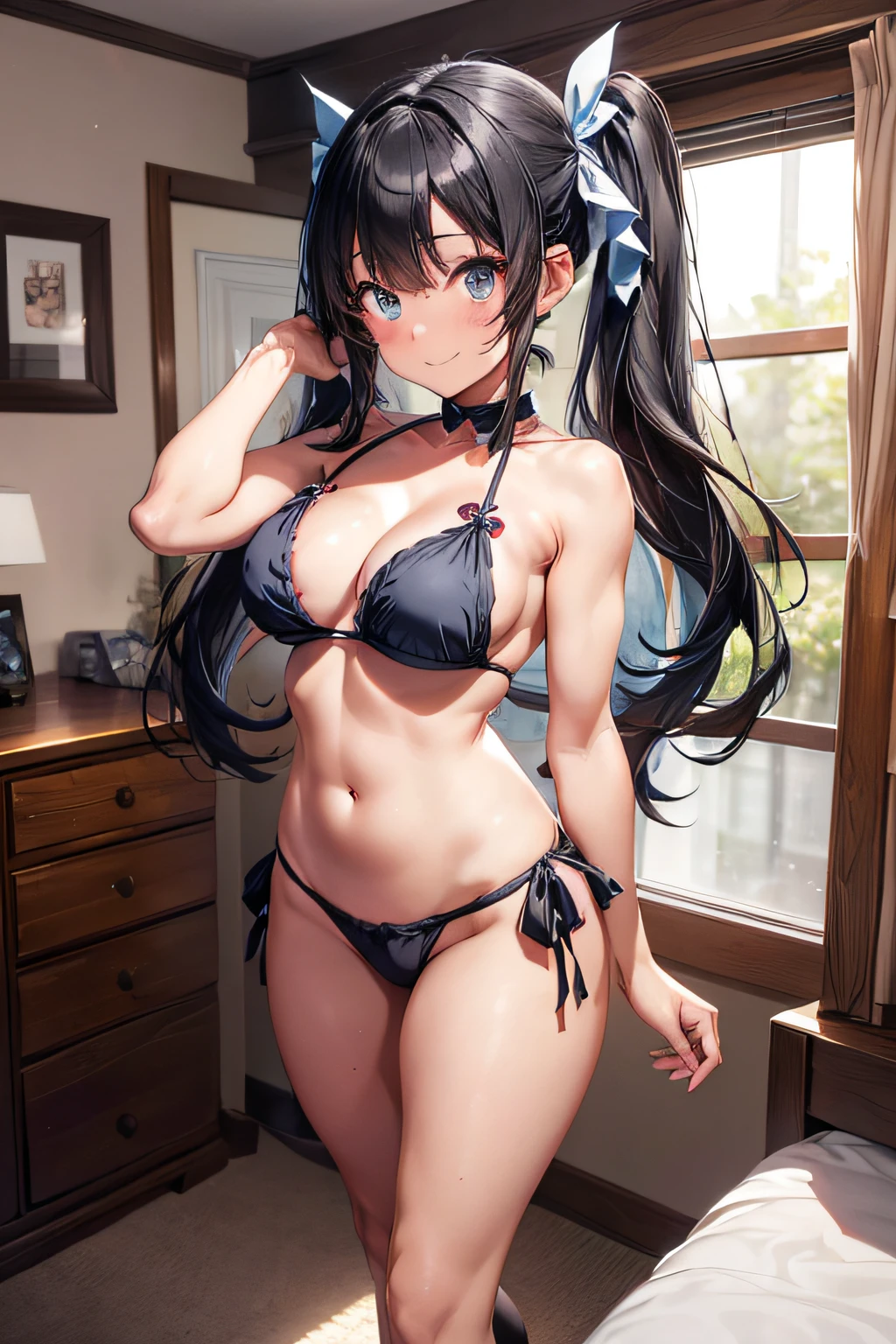 mksks style, masterpiece, best quality, long eyelashes, eyeliner, eye shadow, mascara, colorful, pink lips, deep skin, looking at viewer, full body photo, curvy, hestia (danmachi), 1girl, breasts, solo, long hair, blue ribbon, twintails, ribbon, medium to large breasts, blue eyes, black hair, black micro bikini, smile, hair ribbon, bow, bangs, blush, hair ornament, very long hair, arm ribbon, glowing skin, in the bedroom, pictures on the wall, focus on the legs, ((muscular legs)), ((muscular belly)), (((slim waist))), ((facing me showing her beautiful toned legs)) , ((looking at me)), full body photo,