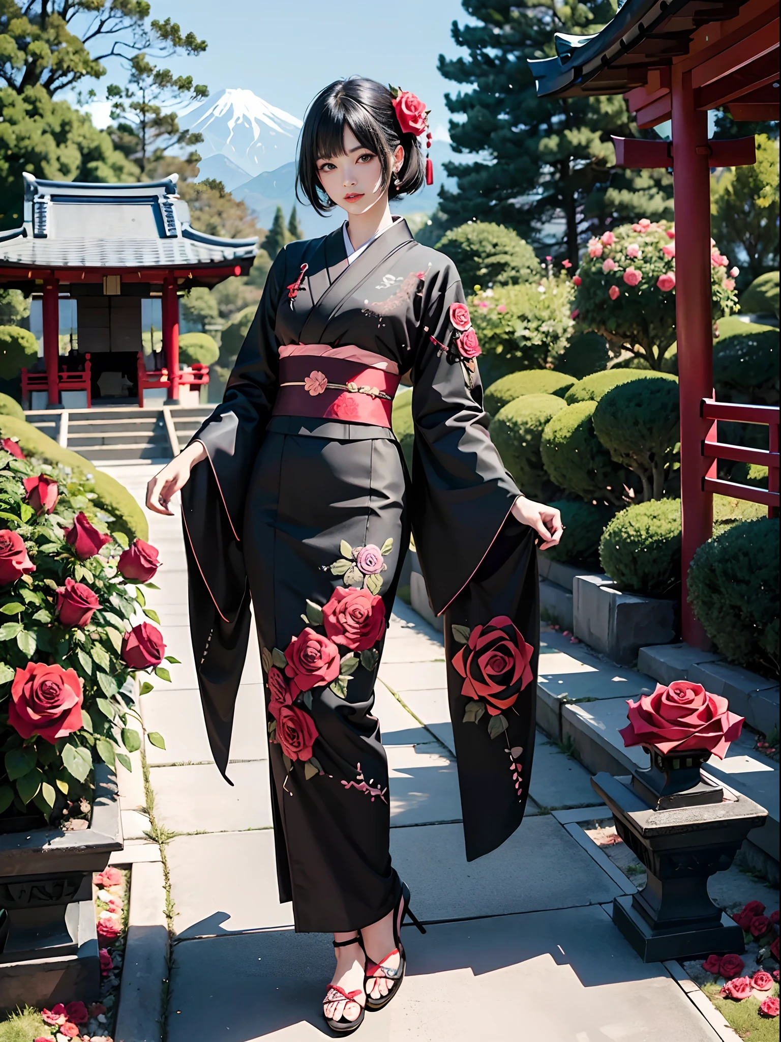 Background of details(Japanese garden(Rose Garden)),BREAK ,elaborate costume(Luxury kimono(Black kimono(detailed embroidery(Rose embroidery:1.2)))),BREAK,1 Beautiful and classy adult woman(Japanese actressl:1.2)(shinny hair(A black,verdant),(Short hair:1.2)),BREAK,Wallpapers 16K,Blur the background,(masutepiece:1.5), (Best Quality:1.5),(Portrait photos:1.5),(full body Esbian:1.5)