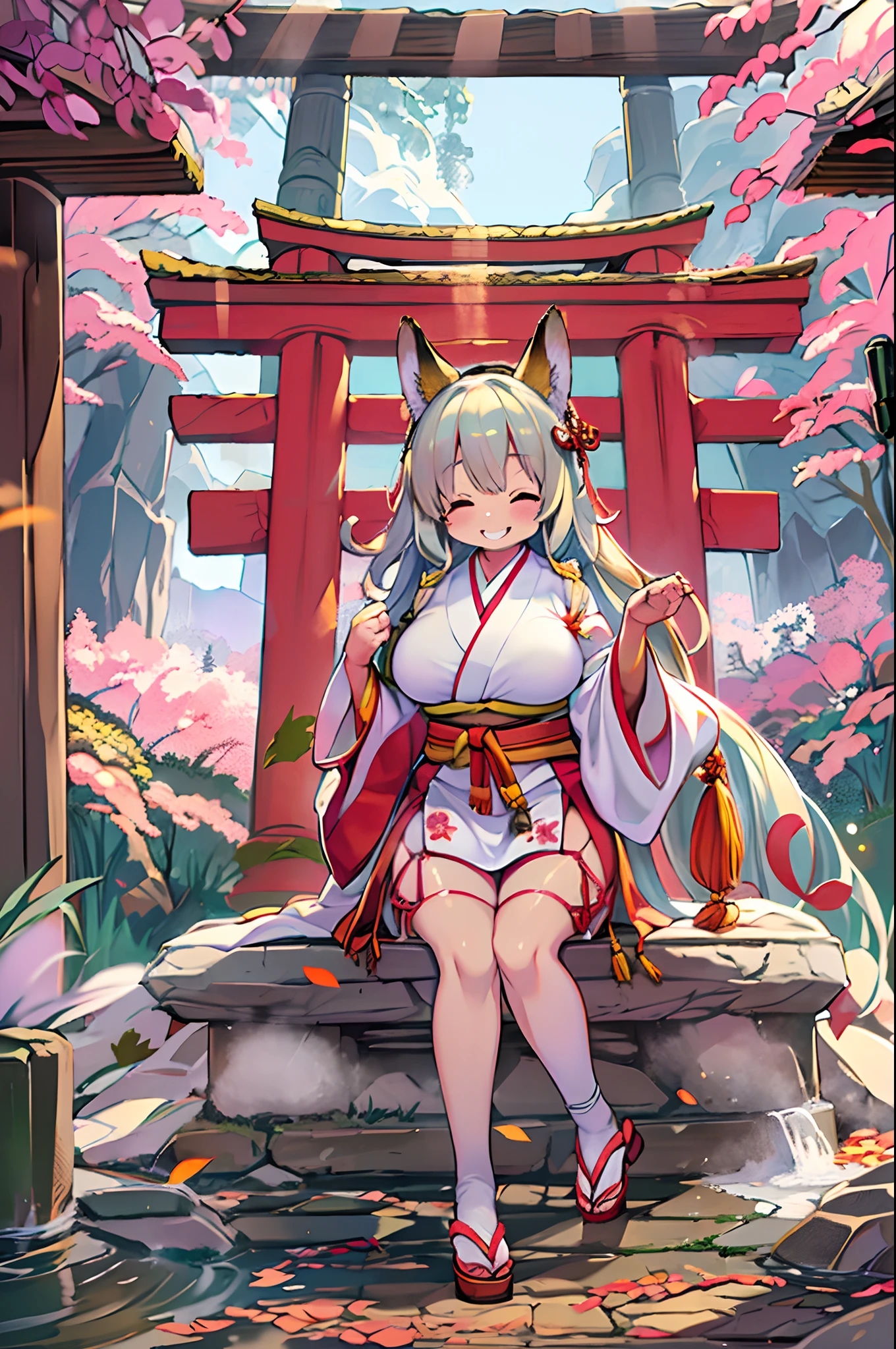 Fox Woman、body covered with fur、huge-breasted、kawaii、shrine maiden、Japan white clothes,Red Hakama、torii gate,((Oblique angle))、{{close up to face}}、one eye closed、winking、A big smile、bbw、thick thight、big butts、Ultramammy,Chibi,Nanachi, autumn day,kaede、 Pines, Anime Background Art, japanese art style, beautiful anime scene, detailed scenery - width 672, Background art, Anime landscapes, Anime Background, Beautiful anime scenery, Beautiful peace scenes in anime, landscape artwork, Japan Village, Anime landscape concept art, 8K))、a lot of fallen leaves、Water twinkle、Springs in the mountains、Main shrine、Chii、Eat Inari sushi