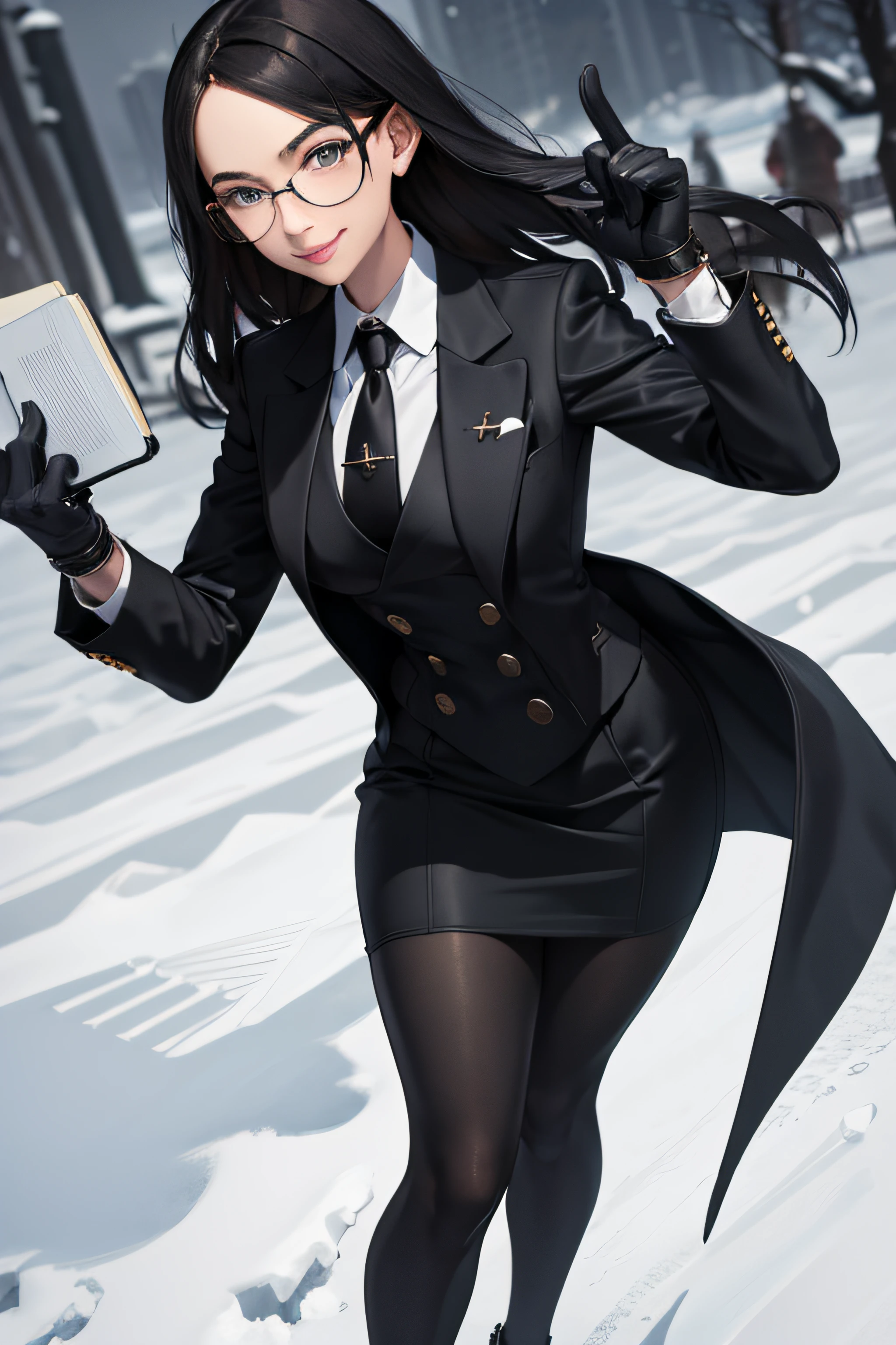 masterpiece, best quality, sfKolin, glasses, black shiny skirt suit, (((three-piece suit))), necktie, blazer, suit jacket, waistcoat, bodycon skirt, snow, grey sky, black gloves, holding clipboard, smiling, looking at viewer, standing