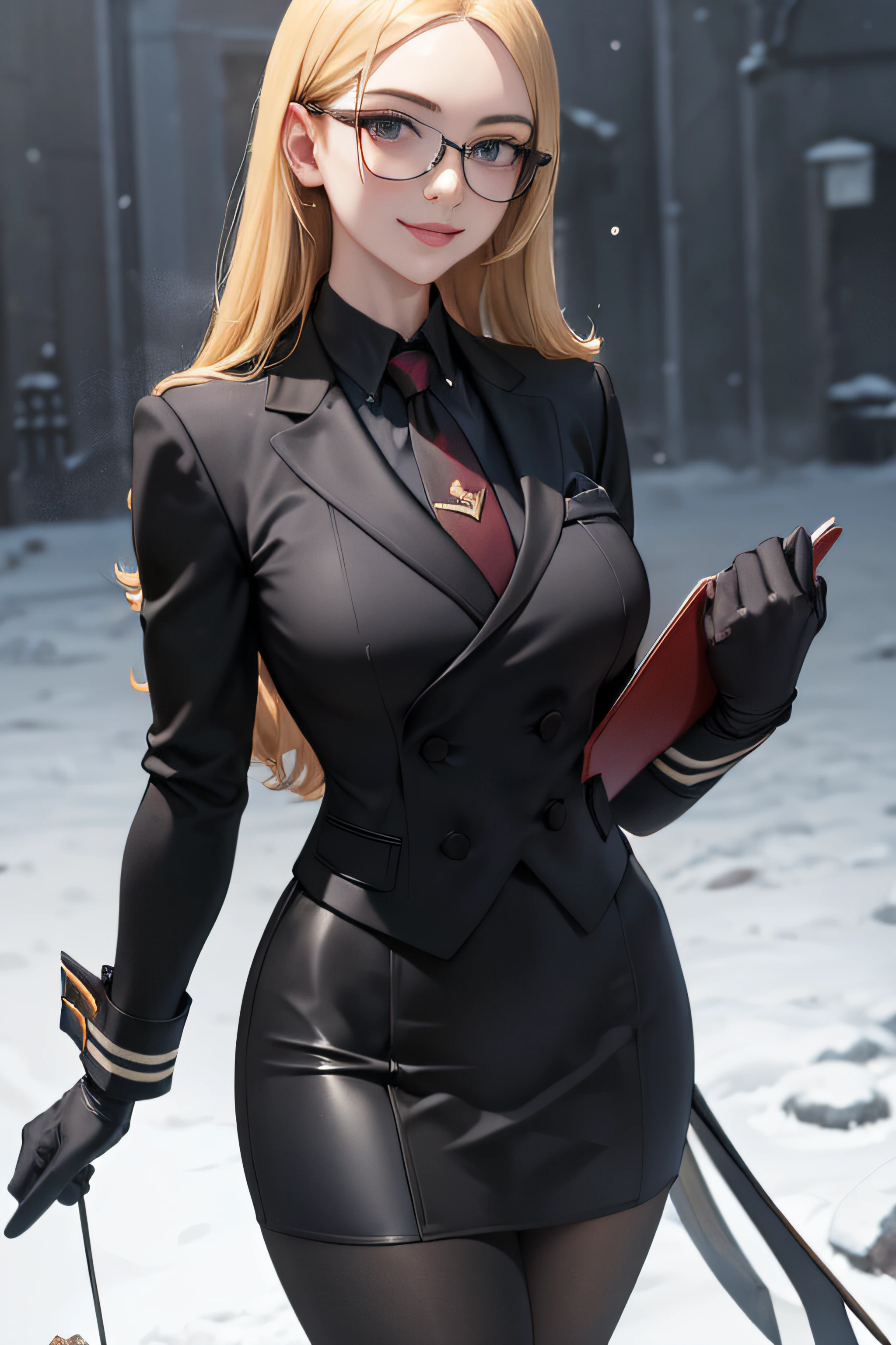 masterpiece, best quality, sfKolin, glasses, black shiny skirt suit, (((three-piece suit))), necktie, blazer, suit jacket, waistcoat, bodycon skirt, snow, grey sky, black gloves, holding clipboard, smiling, looking at viewer, standing