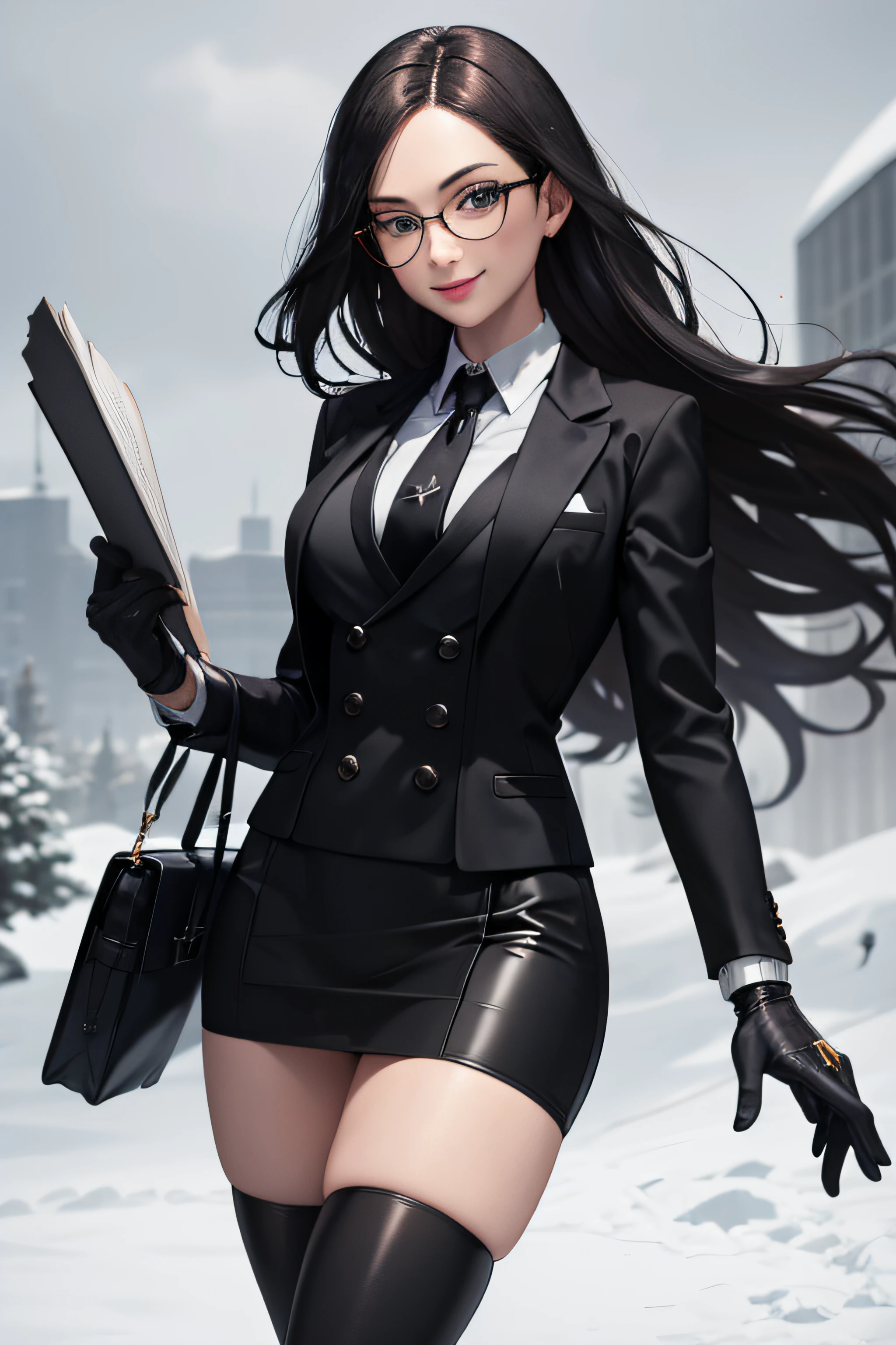 masterpiece, best quality, sfKolin, glasses, black shiny skirt suit, (((three-piece suit))), necktie, blazer, suit jacket, waistcoat, bodycon skirt, snow, grey sky, black gloves, holding clipboard, smiling, looking at viewer, standing