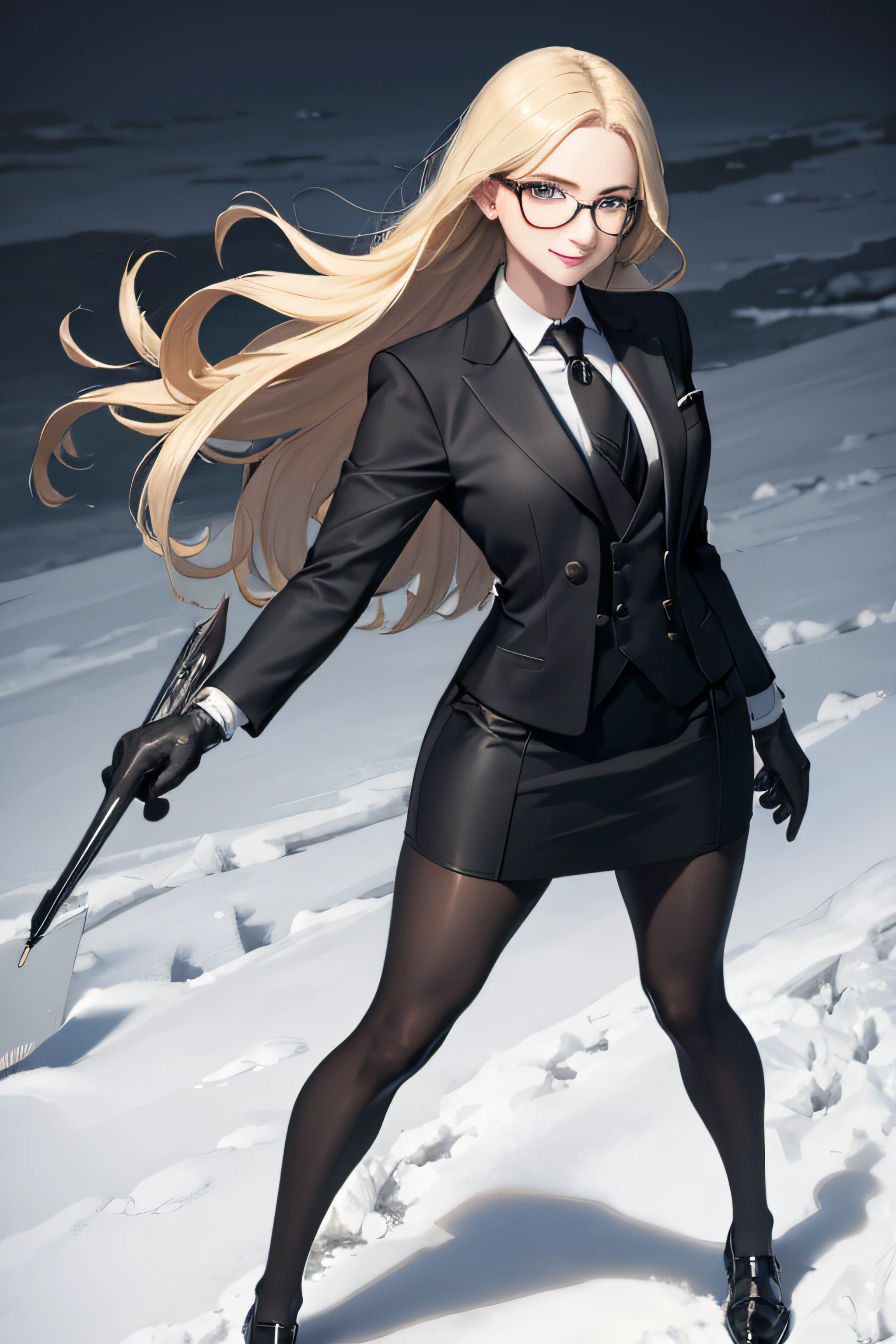 masterpiece, best quality, sfKolin, glasses, black shiny skirt suit, (((three-piece suit))), necktie, blazer, suit jacket, waistcoat, bodycon skirt, snow, grey sky, black gloves, holding clipboard, smiling, looking at viewer, standing