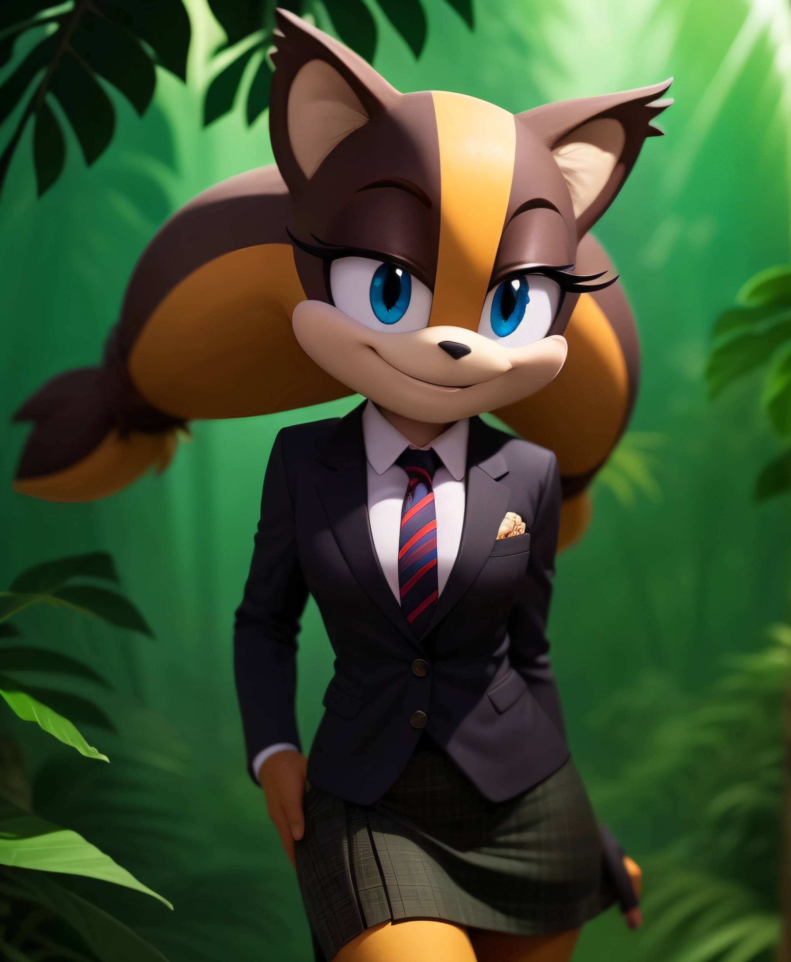 (best quality, masterpiece:1), stick the badger, small nose, solo, furry female anthro, skirt suit, (((three-piece suit))), necktie, blazer, suit jacket, waistcoat, bodycon skirt, looking at viewer, smile, tail, twintails, , (outdoors jungle background:1.1),