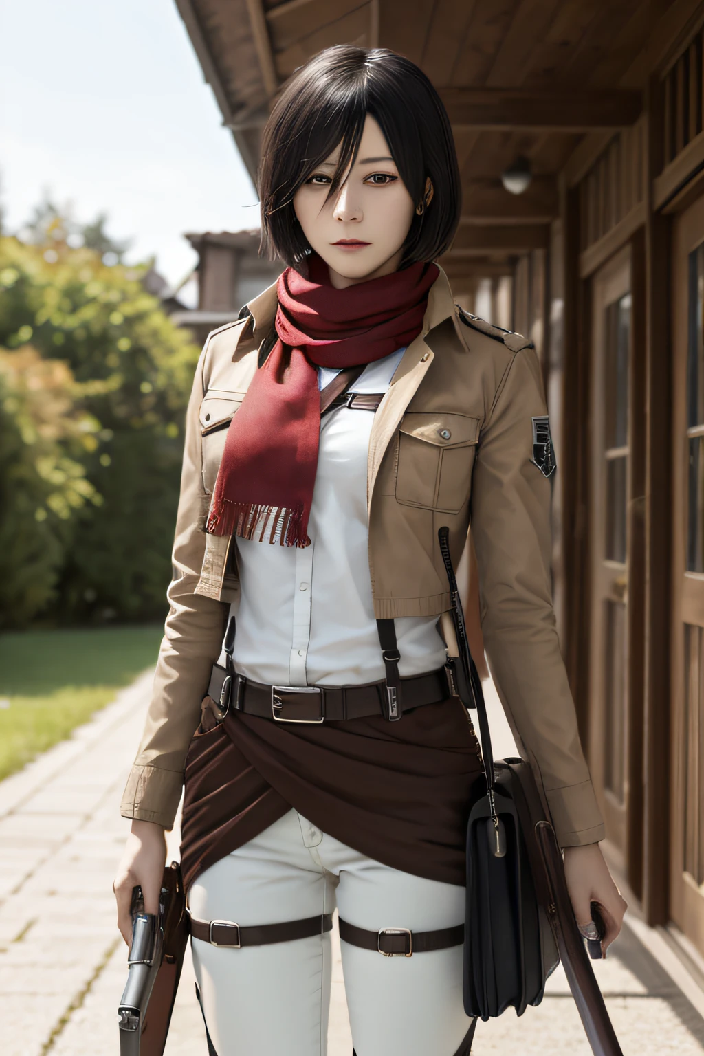 Mikasa, Masterpiece, Best quality, A high resolution, Short hair, Black eyes, Scarf, emblem, belt, thigh band, Red scarf, White pants, Brown jacket, Long sleeves, holding weapon, sword, dual wielding, Three-dimensional motorized gears, Arms spread wide, standing on one leg, Wide shot, sky, Highest quality, high resolution.