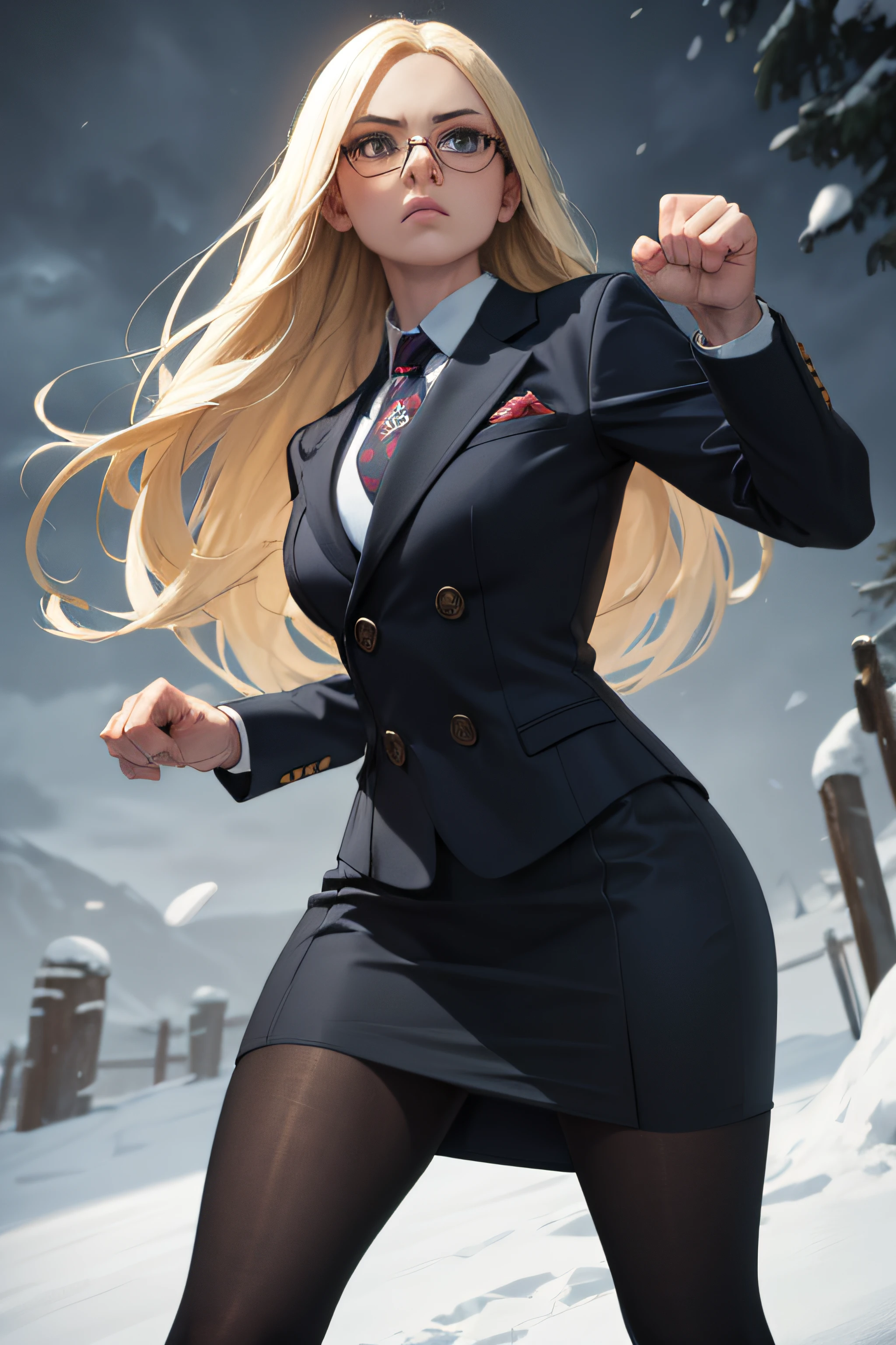 masterpiece, best quality, sfKolin, glasses, skirt suit, (((three-piece suit))), necktie, blazer, suit jacket, waistcoat, bodycon skirt, snow, grey sky, fighting stance, furowed brow, serious, looking at viewer, standing