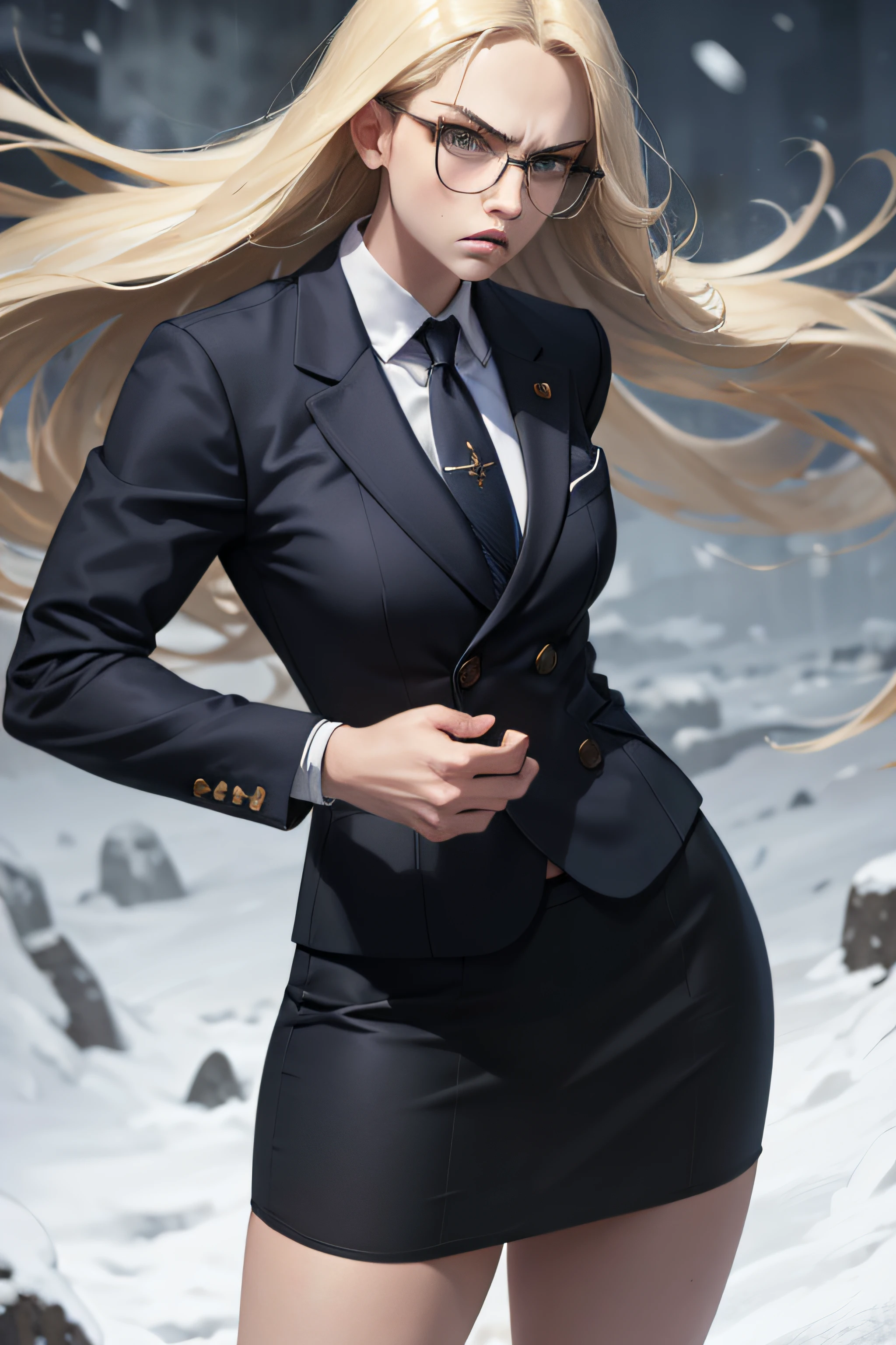 masterpiece, best quality, sfKolin, glasses, skirt suit, (((three-piece suit))), necktie, blazer, suit jacket, waistcoat, bodycon skirt, snow, grey sky, fighting stance, furowed brow, serious, looking at viewer, standing