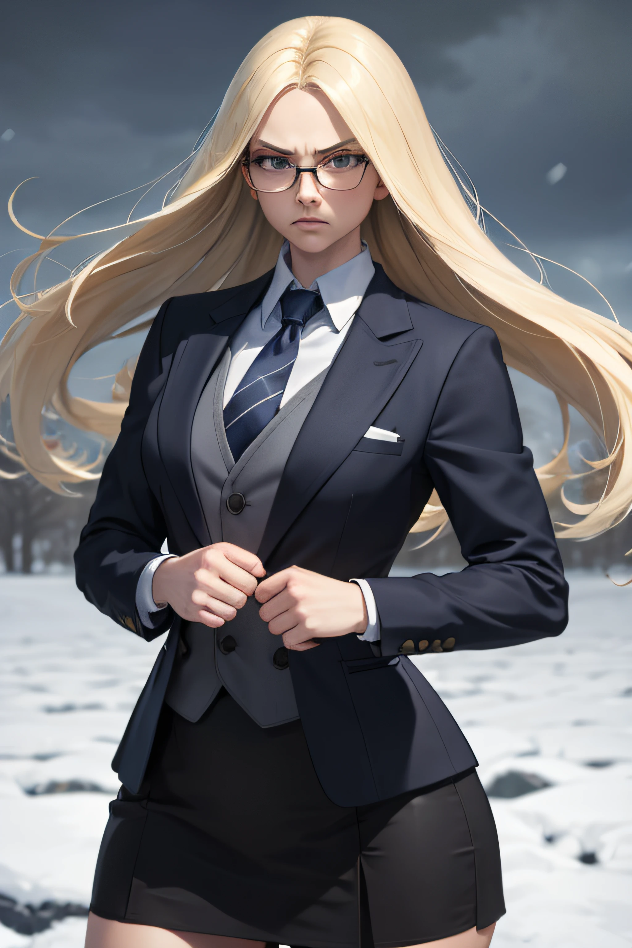 masterpiece, best quality, sfKolin, glasses, skirt suit, (((three-piece suit))), necktie, blazer, suit jacket, waistcoat, bodycon skirt, snow, grey sky, fighting stance, furowed brow, serious, looking at viewer, standing