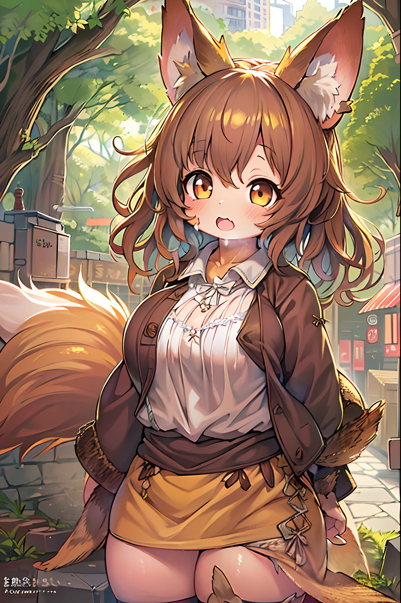 of the highest quality, 1girl in, (Skin Hollow), (large full breasts), (day), Bright, Background blur, Outdoors, (Street:0.6), (hair:1.5), (Blouse:1.5), Gorgeous, (Hair float:1.5), Soft light, Wind, garden, Street,Fox, (Monster Girl), long brown ears with a dark brown inside,,,, brown fur, Sunburned neck fluff, brown fluffy tail with a yellow-brown tip,,,, Big brown eyes, wearing modest clothing, masutepiece, Best Quality、Nanachi、Chibi、huge-breasted、bbw、Ultramammy、Eat Inari sushi