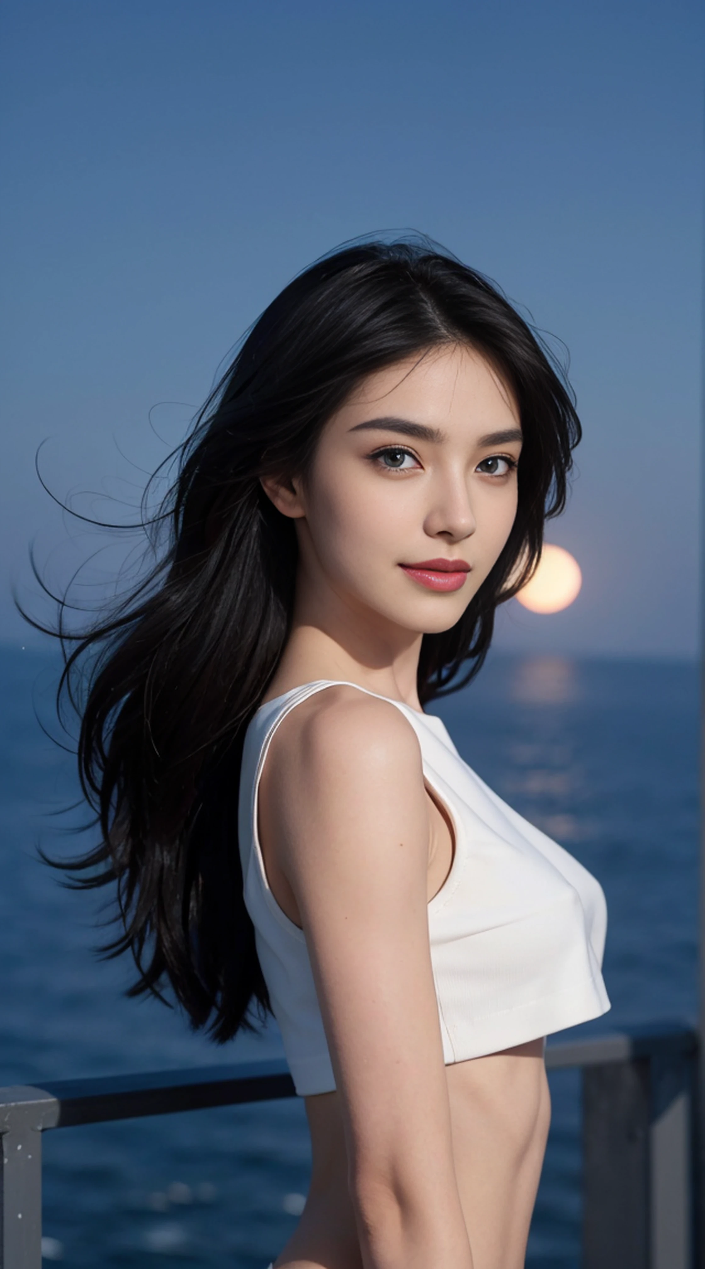 8K, Top Quality, Intricate Details, Ultra Detail, Ultra High Resolution, Masterpiece, random angle, Slender, Smile, (Makeup: 0.4), (Fluffy Blue Eyes: 1.21), blue Eyes, looking at viewer, ((full body)), 1girl, solo, 1 girl, (( full body)), close up shot, , ((tall)), (((fit body))), (((slim face))), sharp face, sharp eyes, (((black hair, long hair, )) , (detailed face), sharp face, small lips, windy ,
(( )), (crop top)), detailed face, detailed breast, , large breast, detail ass, , Beautiful girl with accentuated slender abs: 1.4, Six Pack Abs: 1.4, Bust Botox, Big, Perfect Body, detail leg, (( moonlight)), top of mountain