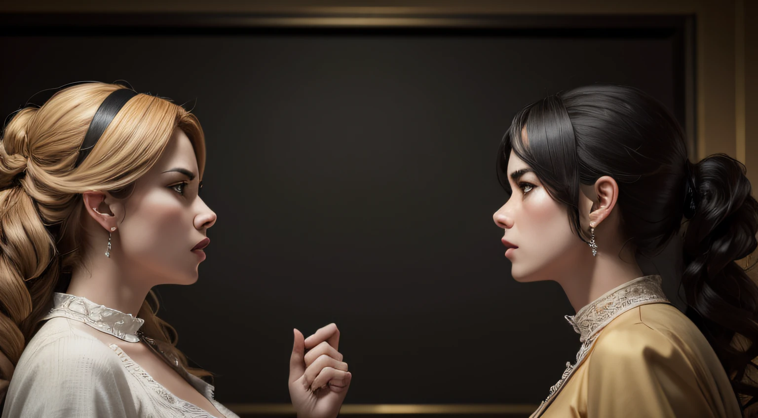 image of two women arguing, gesturing at each other, two women arguing, gesturing at each other, looking angry, ((masterpiece)), ((best quality))), ((ultra-detailed)), UHD, 8K, ((high resolution))), ((illustration)), ((realistic)),