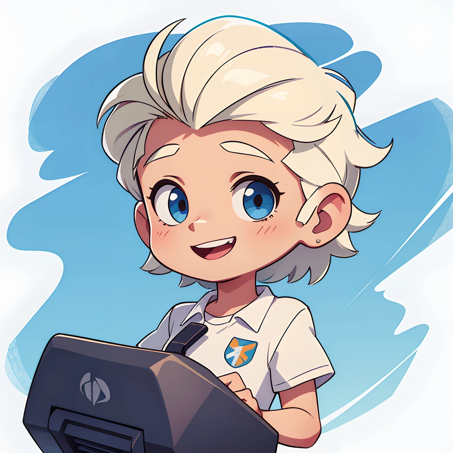 Foto de perfil, jovem menino branco com cabelo castanho escuro sorrindo com camisa de games e headfone estilo icon