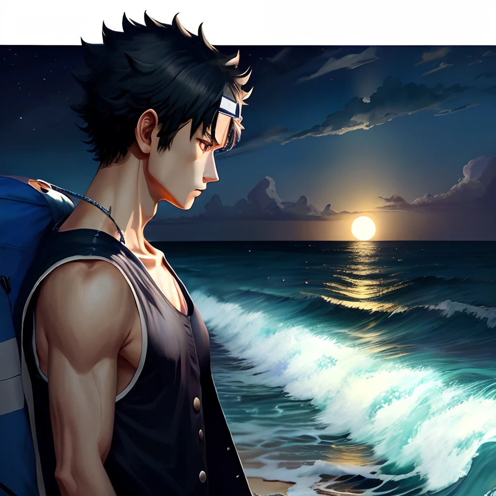 1boy, solo, black hair, blue eyes, standing, sea, shirtless, no shirt, ocean, detailed face, detailed hands, detailed legs, detailed fingers, detailed hair, detailed eyes, detailed skin, dynamic lighting, (photorealistic:1.4), 8k uhd, (hyper realistic), (photo realistic), (masterpiece), (best quality)