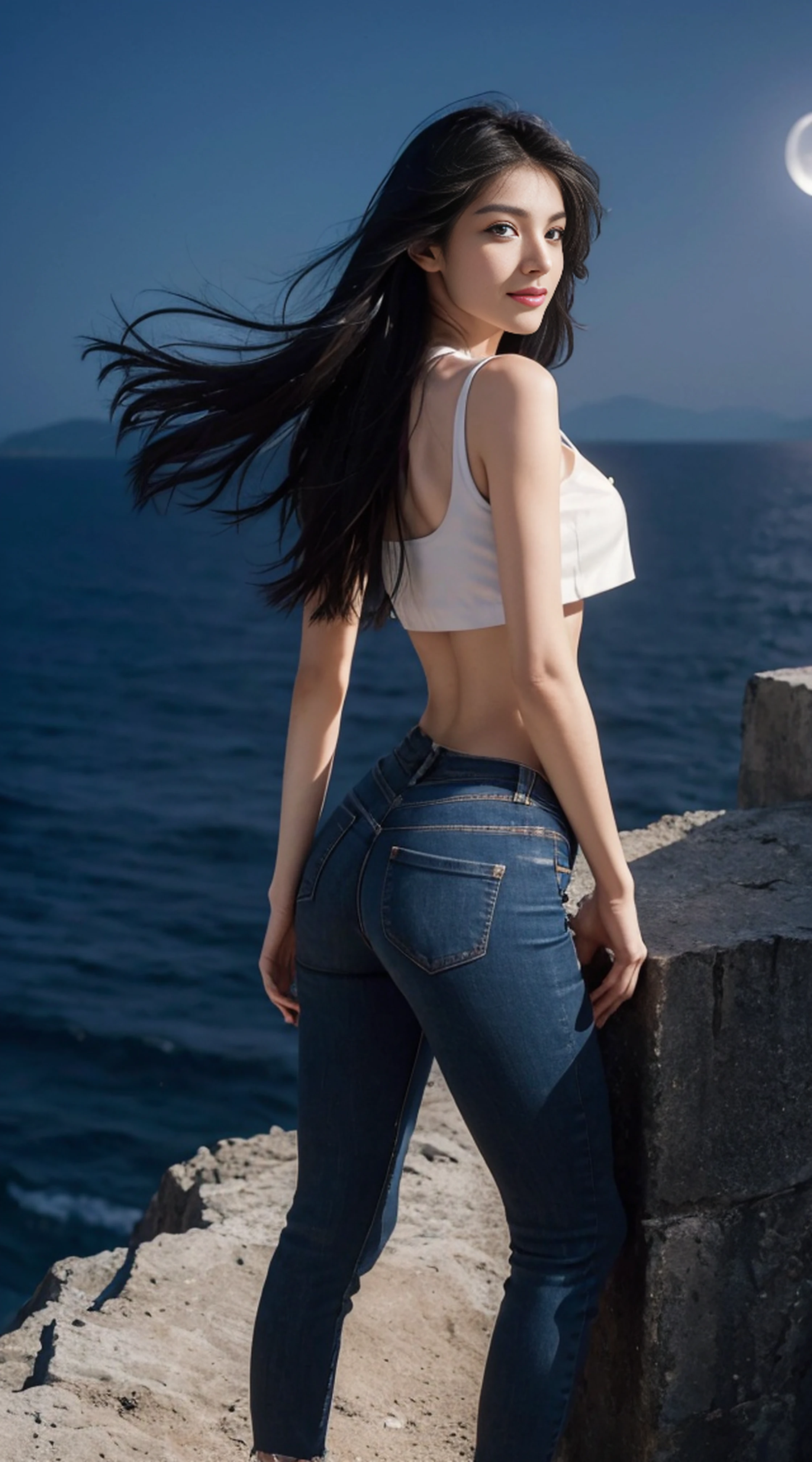 8K, Top Quality, Intricate Details, Ultra Detail, Ultra High Resolution, Masterpiece, ((from behind)), Slender, Smile, (Makeup: 0.4), (Fluffy Blue Eyes: 1.21), blue Eyes, looking background, ((full body)), 1girl, solo, 1 girl, (( full body)), close up shot, standing , ((tall)), (((fit body))), (((slim face))), sharp face, sharp eyes, (((black hair, long hair, )) (detailed face), sharp face, small lips, windy,
((,crop top)), detailed face, detailed breast, , large breast, detail ass, big ass, round ass , Beautiful girl with accentuated slender abs: 1.4, Six Pack Abs: 1.4, Bust Botox, Big, Perfect Body, detail leg, (( moonlight)), top of mountain