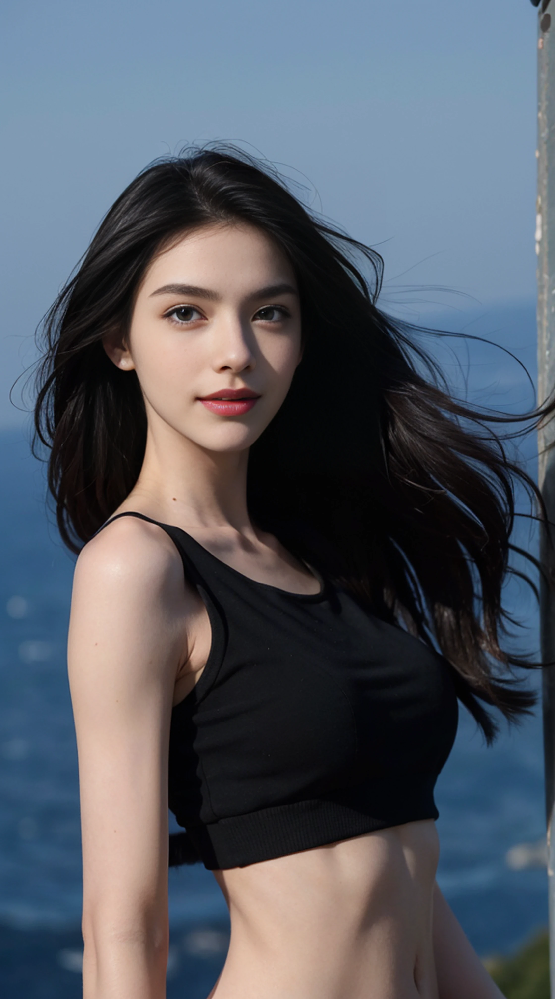 8K, Top Quality, Intricate Details, Ultra Detail, Ultra High Resolution, Masterpiece, random angle, Slender, Smile, (Makeup: 0.4), (Fluffy Blue Eyes: 1.21), blue Eyes, looking at viewer, ((full body)), 1girl, solo, 1 girl, (( full body)), close up shot, , ((tall)), (((fit body))), (((slim face))), sharp face, sharp eyes, (((black hair, long hair, )) , (detailed face), sharp face, small lips, windy ,
(( )), (crop top)), detailed face, detailed breast, , large breast, detail ass, , Beautiful girl with accentuated slender abs: 1.4, Six Pack Abs: 1.4, Bust Botox, Big, Perfect Body, detail leg, (( moonlight)), top of mountain