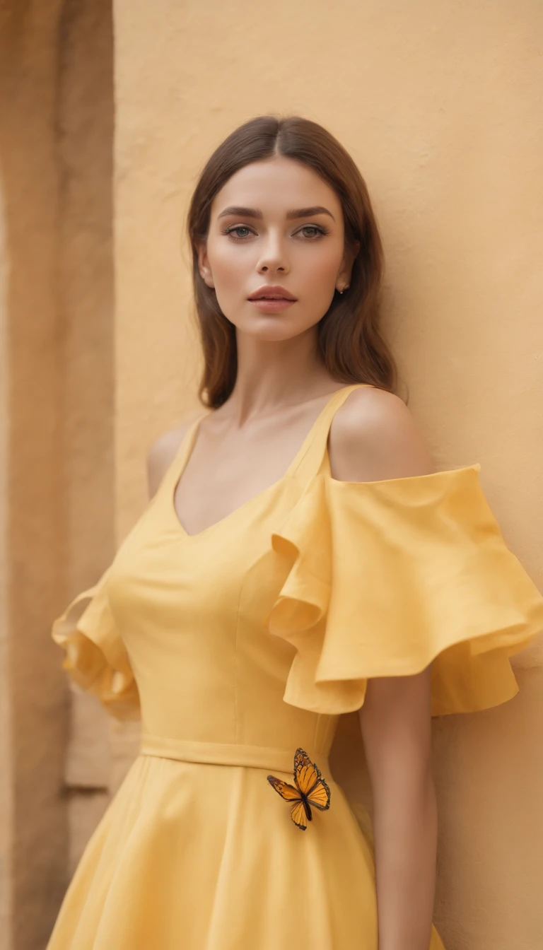 araffe woman in yellow dress standing in front of a wall with butterflies, ((upper body)),a portrait inspired by national geographic, pexels contest winner, street art, yellow butterflies, butterflies, yellow clothes, butterfly, fine art fashion photography, harmony of butterfly, butterflies in the foreground, on a yellow canva,fashion photography, shades of yellow, karla ortiz,