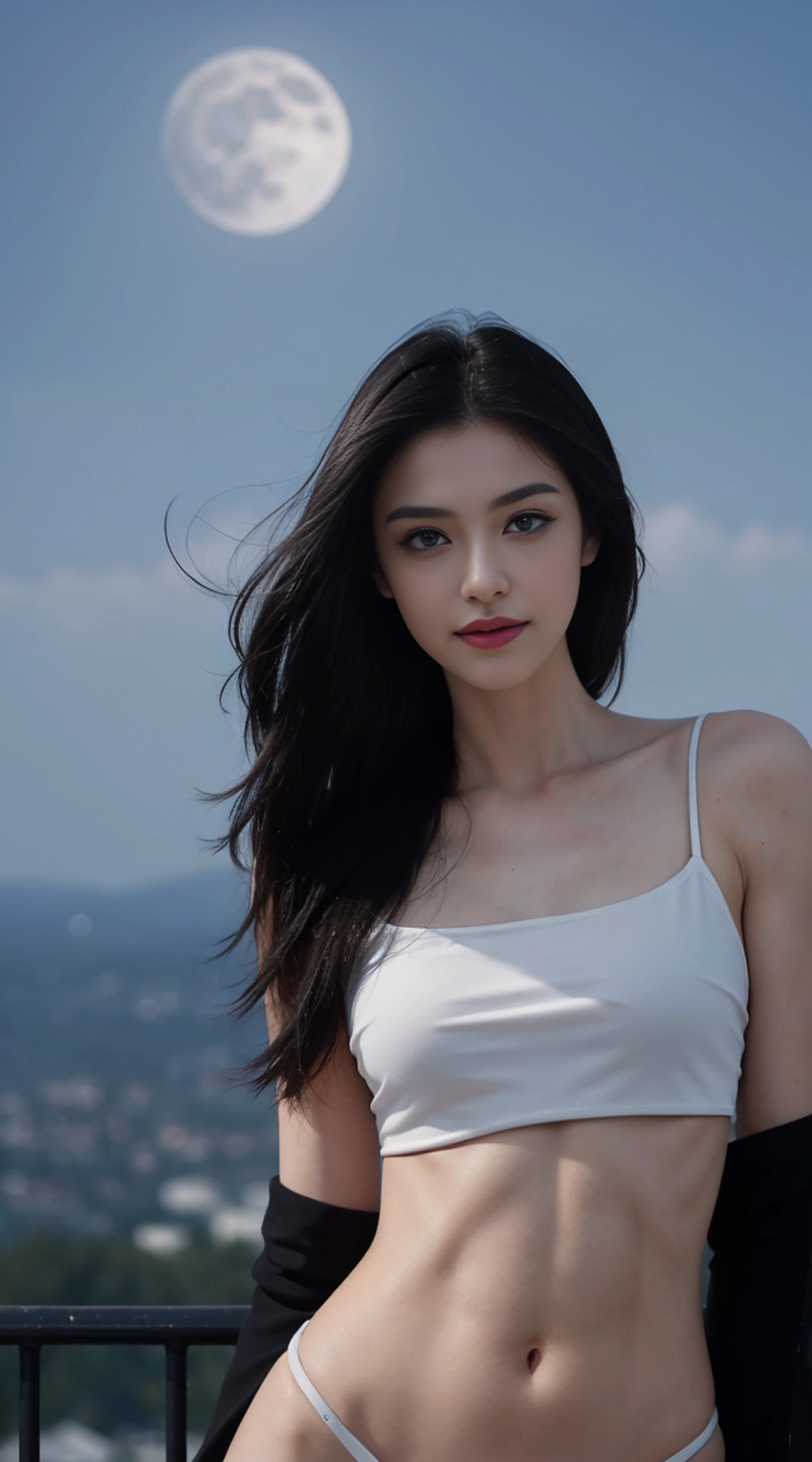 8K, Top Quality, Intricate Details, Ultra Detail, Ultra High Resolution, Masterpiece, random angle,  Slender, Smile, (Makeup: 0.4), (Fluffy Blue Eyes: 1.21), blue Eyes, looking at viewer, ((full body)), 1girl, solo, 1 girl, (( full body)), close up shot, , ((tall)), (((fit body))), (((slim face))), sharp face, sharp eyes, (((black hair, long hair, )) , (detailed face), sharp face, small lips, windy ,
 (( )), (crop top)),  detailed face, detailed breast, , large breast, detail ass, , Beautiful girl with accentuated slender abs: 1.4, Six Pack Abs: 1.4, Bust Botox, Big, Perfect Body, detail leg, (( moonlight)), top of mountain