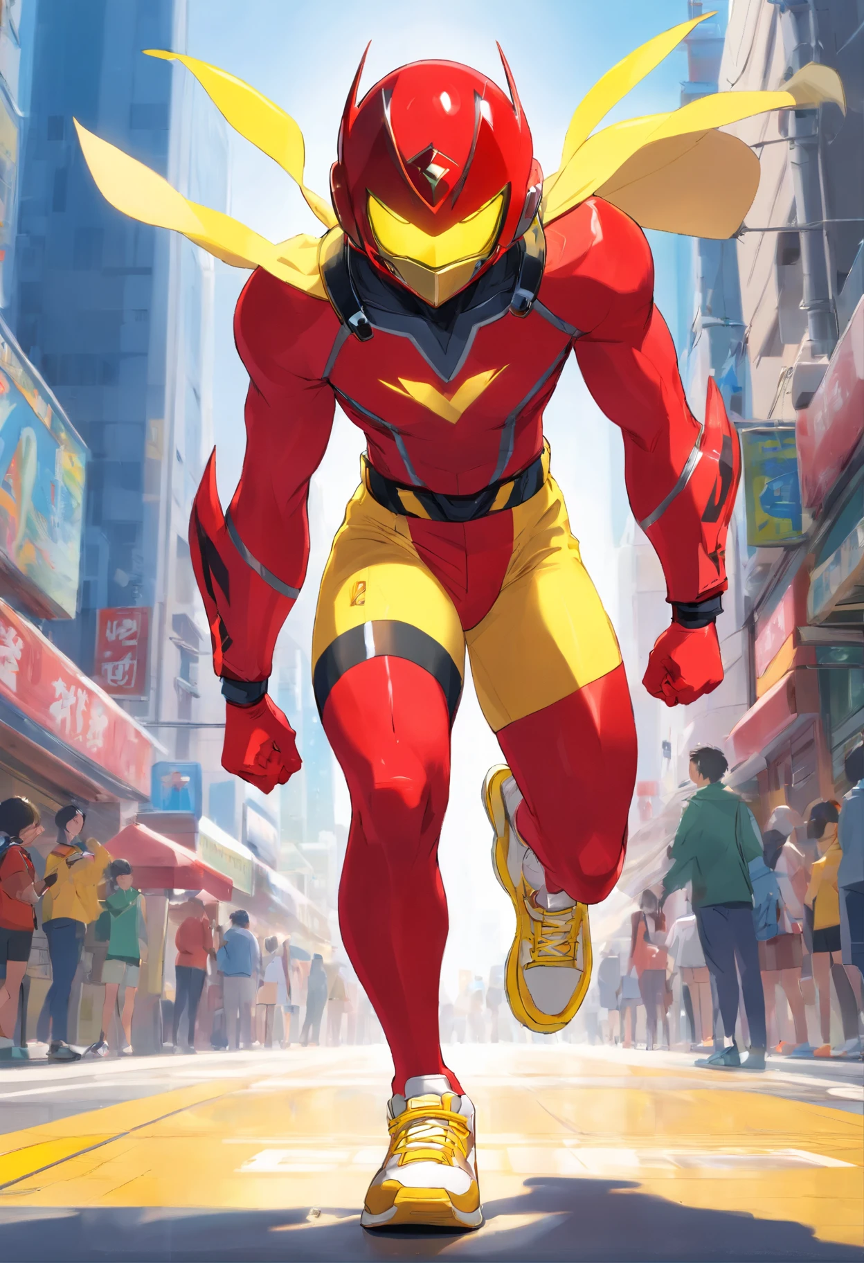 El Chapulin Colorado, red superhero suit, yellow shorts, yellow gloves, yellow sneakers, yellow line design on suit, Kamen rider type mask, red antennas on mask, slim, muscular,