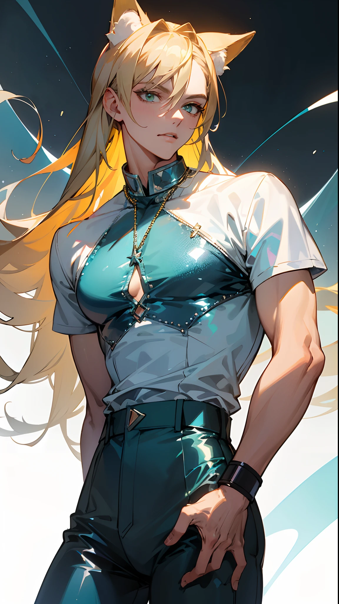 (masterpiece, best quality )detailed, 1Character , pastel washed out colors , cell shade , soft, muted shades ,gentle colors , blue archive art style,
He wears a fitted, sequined, and short-sleeved shirt in a vibrant shade of holographic blue, The shirt features a V-neckline and intricate beadwork, sequins, and rhinestones, slim-fitting, high-waisted pants in a matching holographic blue material, The pants are accentuated with subtle, neon blue and silver accents, including chunky silver chains, statement rings, and wristbands,
Handsome man , ((blonde hair:1)) , long hair, green eyes , has fox ears ,skinny , age 26
