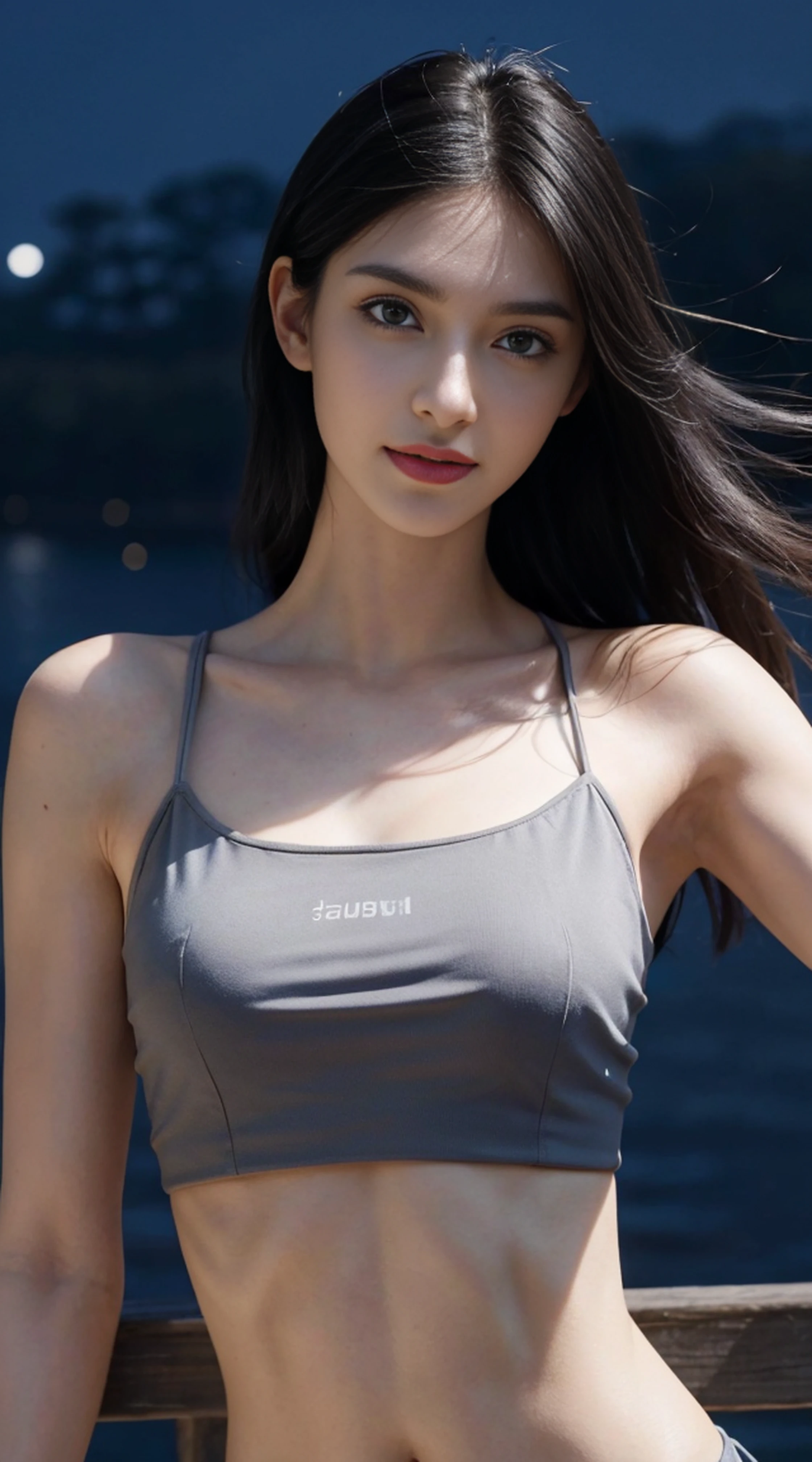 masterpiece,best quality,ultra detailed,highres,high-resolution,4k,realistic,RAW photo,((real person)),portrait photography,photorealistic,detailed skin,(delicate black eyes ), A soothing woman with sagging eyes,Calm and calm, middle hair,skinny,clothing,The wind is blowing,tareme、(gigantic breasts)、Small tank top、Cut-off shorts、Walking