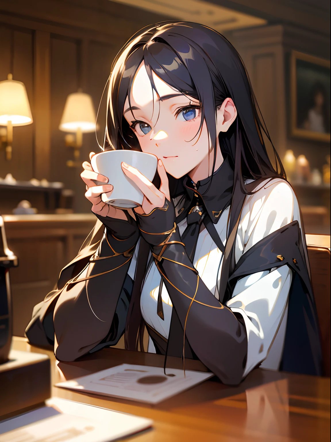 coffee shop, coffee, long-haired, masterpiece, bestquality, Exquisite Face, slim, face lights, Cinematic lighting, Professional lighting, brightly colored, crisp focus, highres, shooting imaging, hyperrealistic, ultra-detail, sharp details, finely detail, Sinking color, half body portrait, kawaii, full entire body,