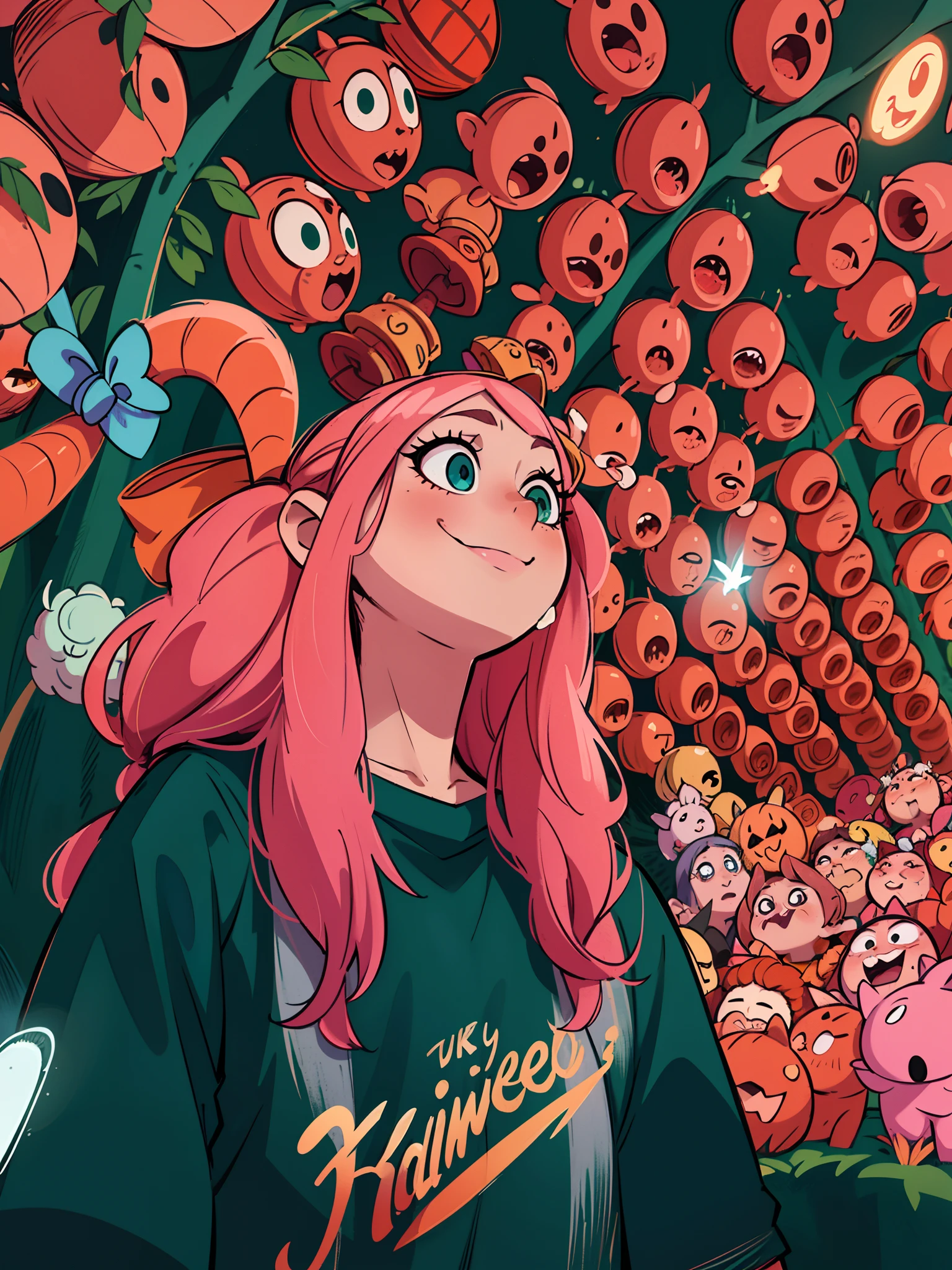 arafed woman with pink hair and a green shirt standing in front of a wall of red lanterns, ava max, in a halloween style, belle delphine, spooky filter, tumblr, inspired by Elsa Bleda, portrait of kim petras, anime style mixed with fujifilm, lofi portrait, portrait of jossi of blackpink, anime vibes, billie eilish,((masterpiece)),((best quality)),((ultra-detailed)),(8k),((wallpaper)),((extremely detailed cg)),(RAW photo:1.2),beautiful,Perfect eyes, detailed eyes,Nice eyes,lewd smile,background with many halloween pumpkins in patterns, lookin up the wall