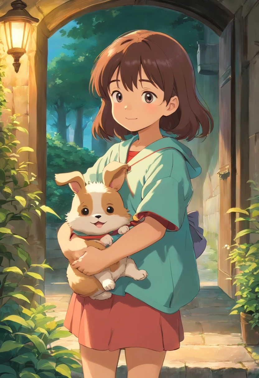 A very adorable girl holding a small puppy. A cena deve irradiar uma atmosfera curativa e reconfortante, possivelmente situado em um ambiente luminoso e acolhedor, with soothing background colors to enhance the soothing feeling. The girl should have a cheerful and loving expression, And the puppy should look very happy and comfortable in your arms. Geral, The image should convey a sense of happiness and love, resembling a comforting and therapeutic moment.