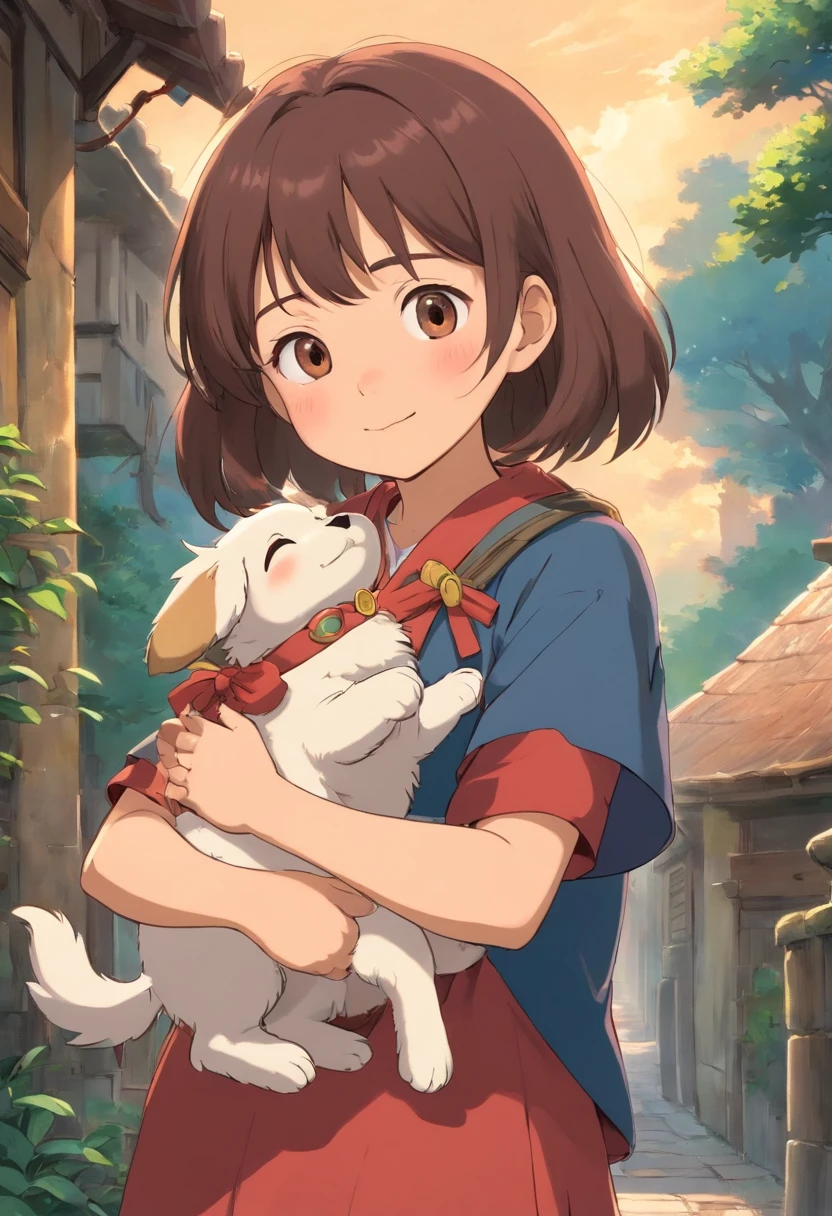 A very adorable little girl holding a small puppy. A cena deve irradiar uma atmosfera curativa e reconfortante, possivelmente situado em um ambiente luminoso e acolhedor, with soothing background colors to enhance the soothing feeling. The girl should have a cheerful and loving expression, And the puppy should look very happy and comfortable in your arms. Geral, The image should convey a sense of happiness and love, resembling a comforting and therapeutic moment.