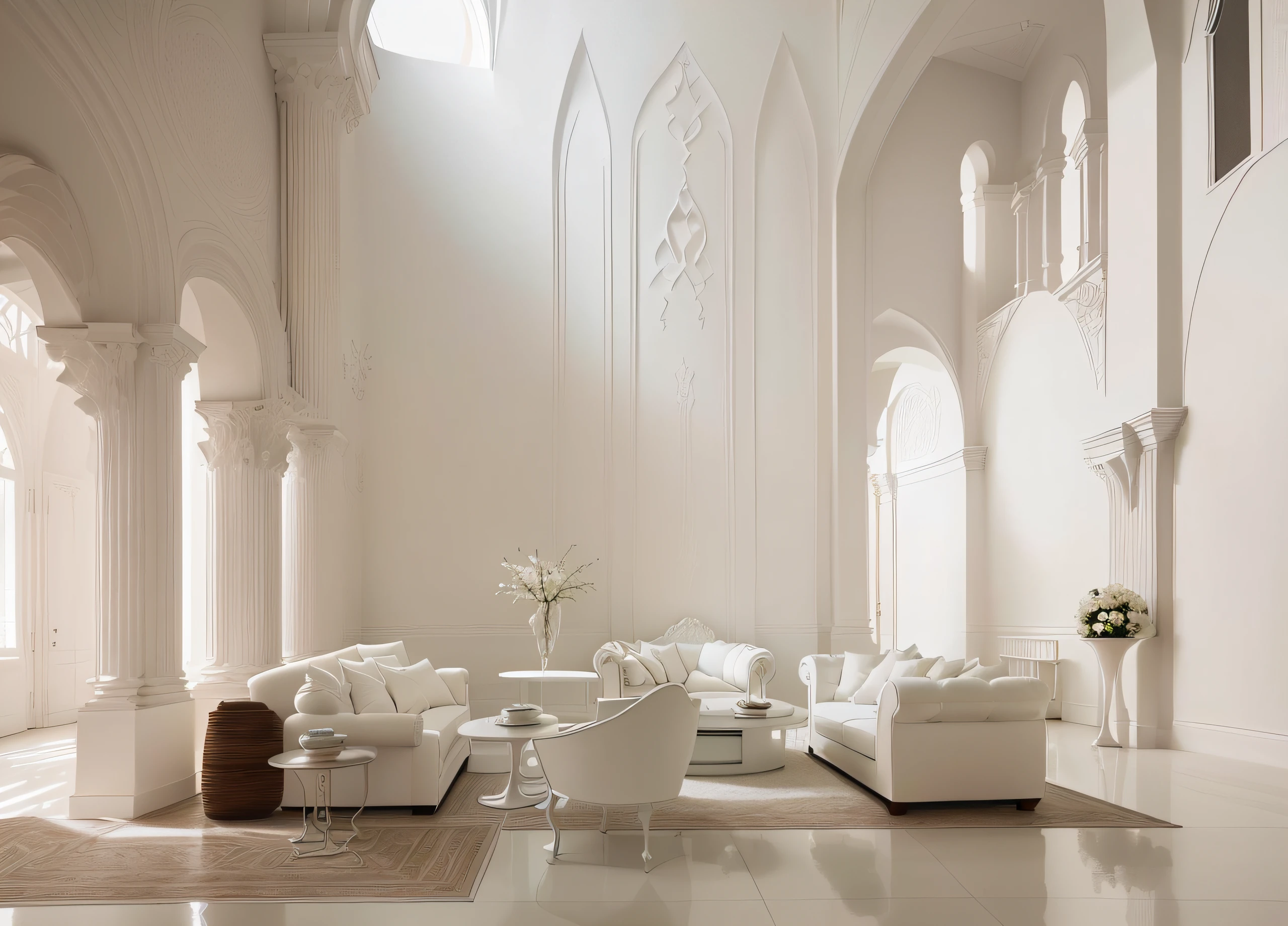 Allafed Room，Features a white sofa、Two chairs and a table, white sweeping arches, inspired by Ricardo Bofill, cream and white color scheme, all white render, White Room, White color scheme, cream - colored room, light cream and white colors, muted palette mostly white, Architectural Digest, A bright room, white furniture, minimalistic and beautiful, White tones