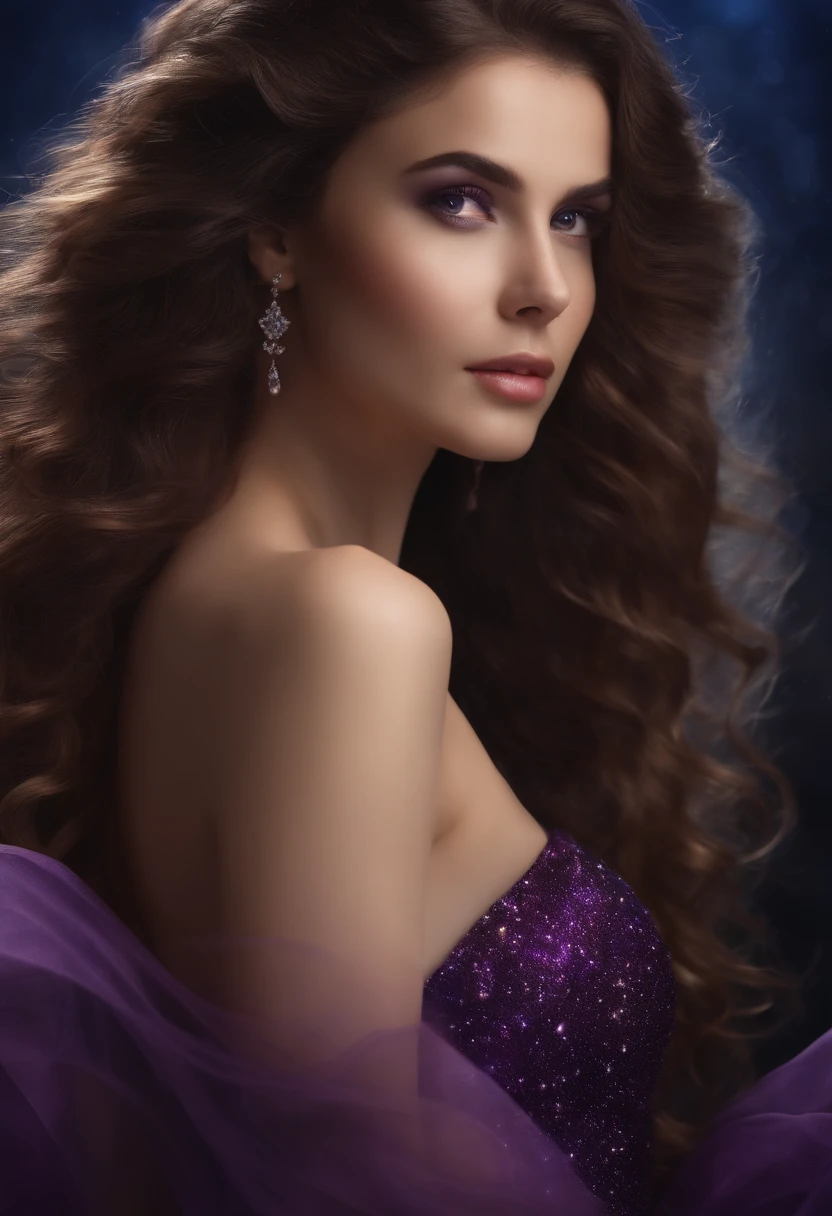 detailed background, masterpiece, best quality, 1 person , curly hair, long hair, purple eyes, star in eye , Strapless blouse, long skirt