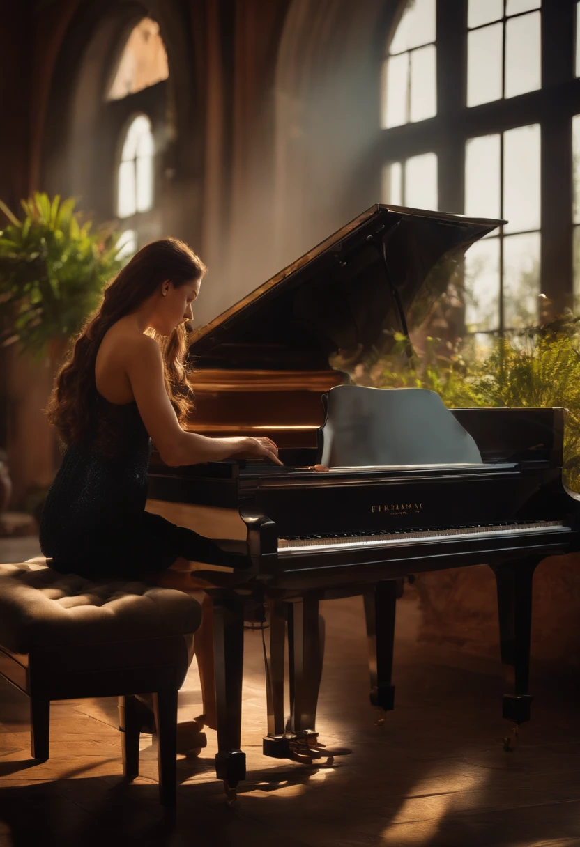 A woman playing piano in a beautiful place, cinematographic, HDR, high quality, oc render