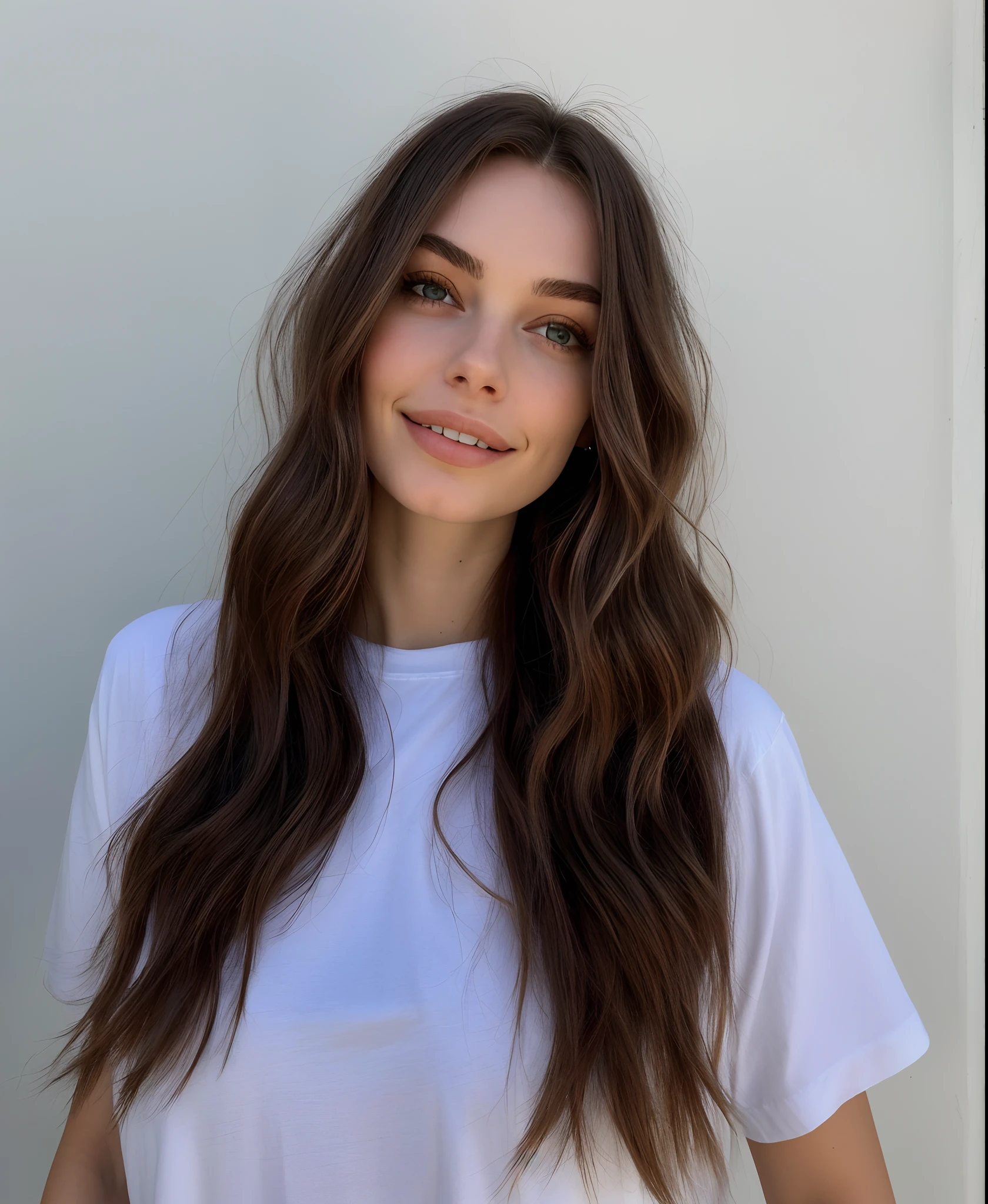 Woman with long hair wearing a white shirt and jeans, Retrato Sophie Mudd, cabelos longos de cor castanha, long flowing brown hair, julia sarda, centro de cabelos castanhos separados, lorde, cabelo castanho com franja, sem maquiagem cabelo ondulado, vestido com uma camiseta branca, Cerveja Madison, franja de cortina de parte central, cabelo longo castanho com franja