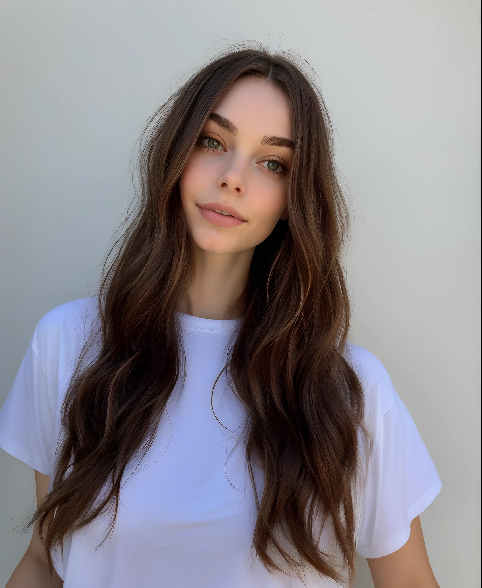 Woman with long hair wearing a white shirt and jeans, Retrato Sophie Mudd, cabelos longos de cor castanha, long flowing brown hair, julia sarda, centro de cabelos castanhos separados, lorde, cabelo castanho com franja, sem maquiagem cabelo ondulado, vestido com uma camiseta branca, Cerveja Madison, franja de cortina de parte central, cabelo longo castanho com franja