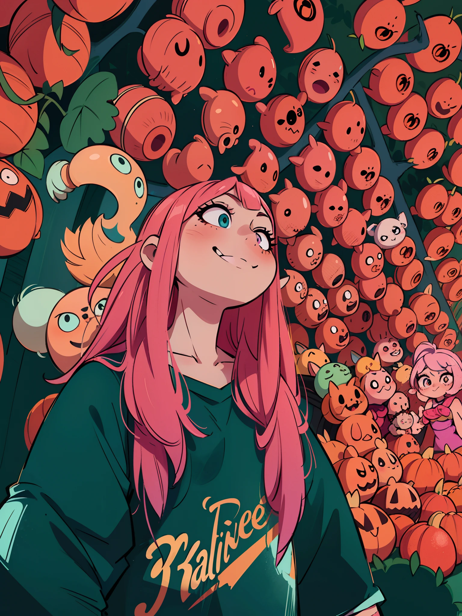 arafed woman with pink hair and a green shirt standing in front of a wall of red lanterns, ava max, in a halloween style, belle delphine, spooky filter, tumblr, inspired by Elsa Bleda, portrait of kim petras, anime style mixed with fujifilm, lofi portrait, portrait of jossi of blackpink, anime vibes, billie eilish,((masterpiece)),((best quality)),((ultra-detailed)),(8k),((wallpaper)),((extremely detailed cg)),(RAW photo:1.2),beautiful,Perfect eyes, detailed eyes,Nice eyes,lewd smile,background with many halloween pumpkins in patterns, lookin the wall