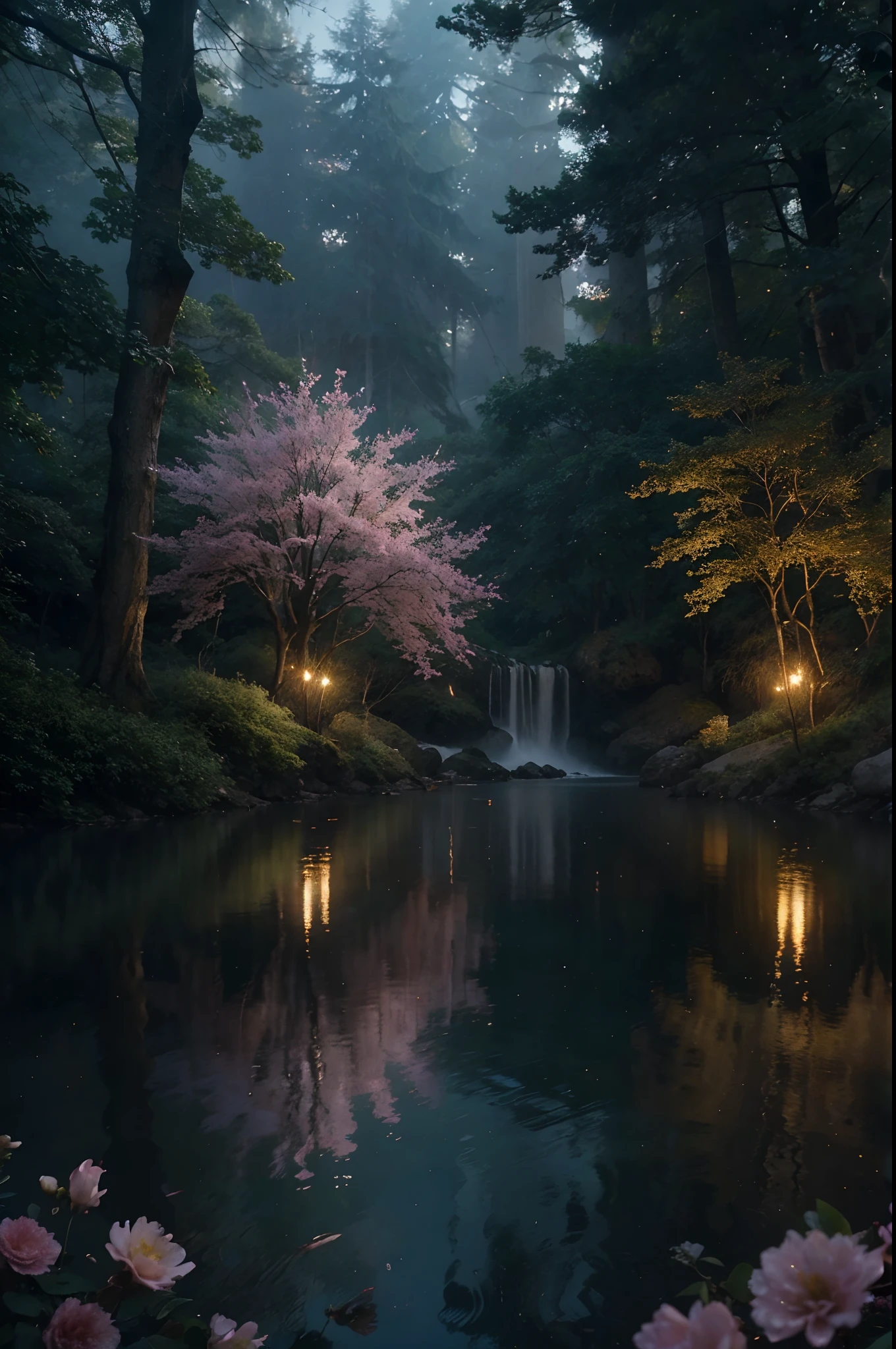best quality, Altas, Mundo de fantasia, Atmosfera extravagante, dreamlike scenery, Floresta Encantada, luzes de fadas cintilantes, soft pastel colors, Ethereal creatures, Mystical beings, flores brilhantes, glistening water, magic mist, segredos escondidos, paisagens surreais, beleza cativante, Magical Elements, Atmosfera encantadora, peaceful tranquility, detalhes extravagantes, painterly style, pinceladas delicadas, Ambiente de sonho, Atmospheric Illumination, mystical fascination, Fairytale setting, paleta de cores suave e suave, Charme do Outro Mundo, ethereal beauty. todo o anterior pero agora que seja tipo caricatura ou animei