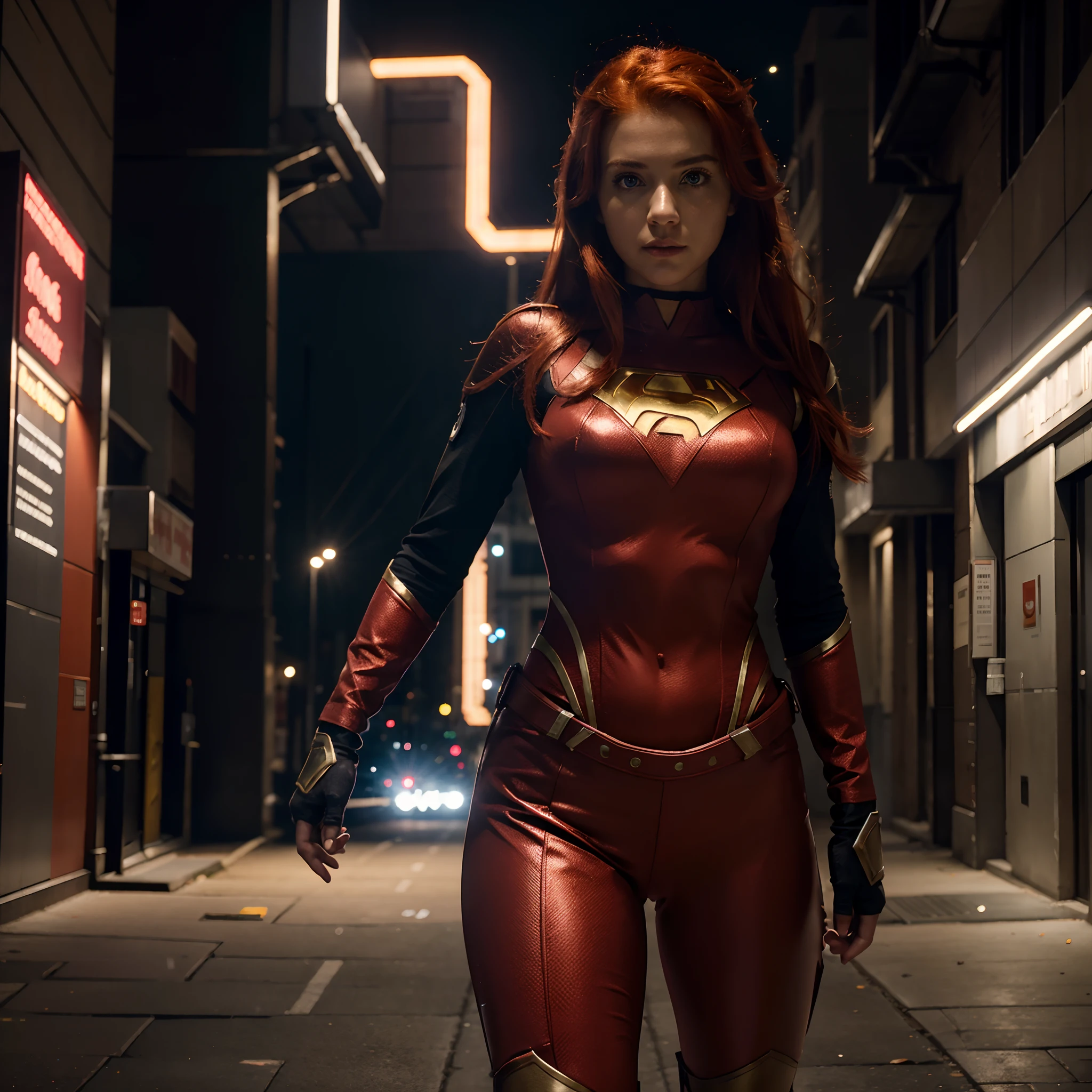 female superhero, Sparkling eyes, red hair standing on end, light combat uniform, tricolor color, A standard that inspires confidence, In the building street at night, bright tones, masterpiece,8K