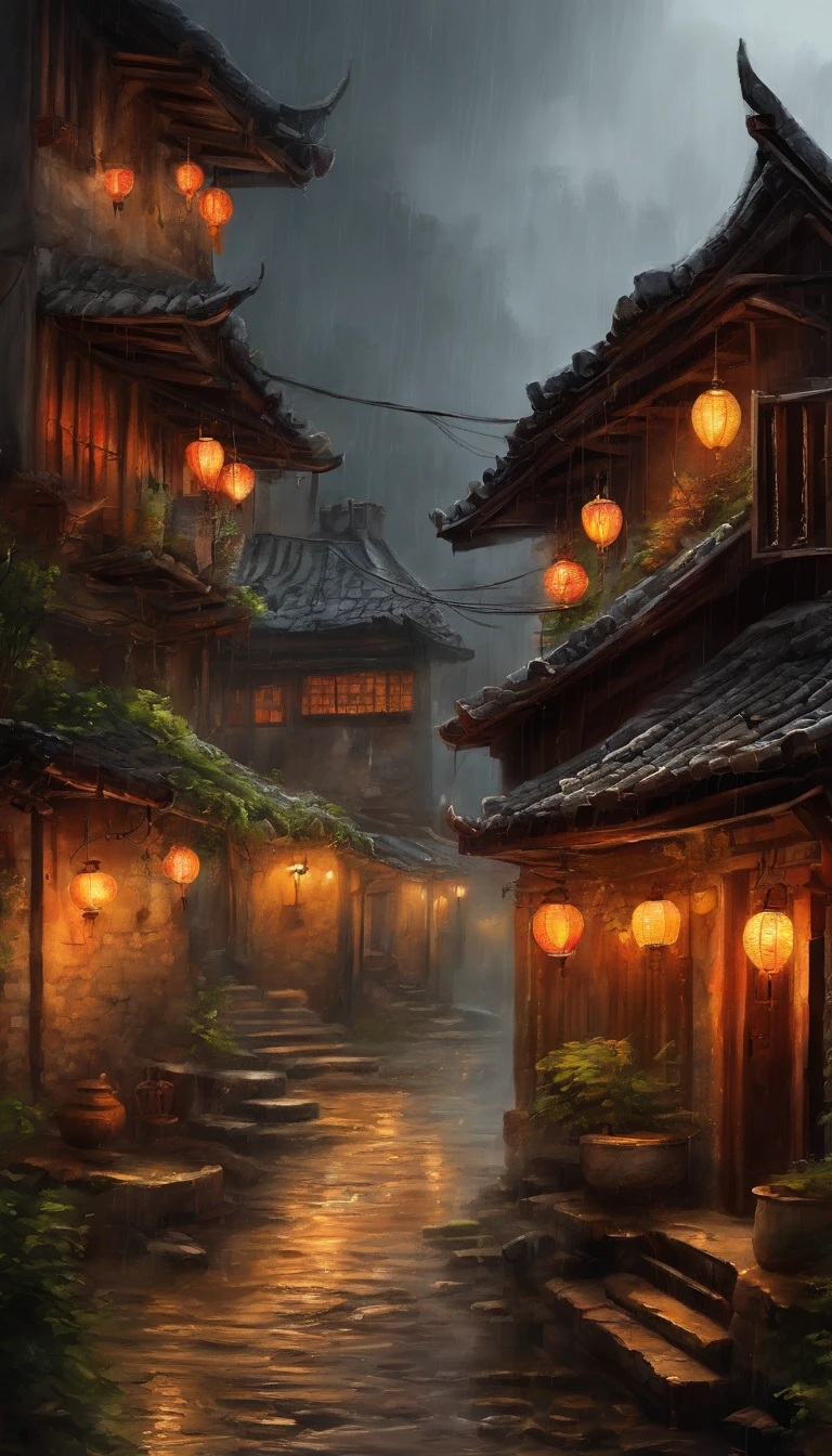 arafed view of a village with a lot of lights on the buildings, dreamy chinese town, chinese village, amazing wallpaper, japanese town, japanese village, hyper realistic photo of a town, old asian village, japanese city, by Raymond Han, rainy evening, cyberpunk chinese ancient castle, beautifully lit buildings, at evening during rain, beautiful and aesthetic, photography, cinematic, 8k, high detailed ((Heavy rain)))
