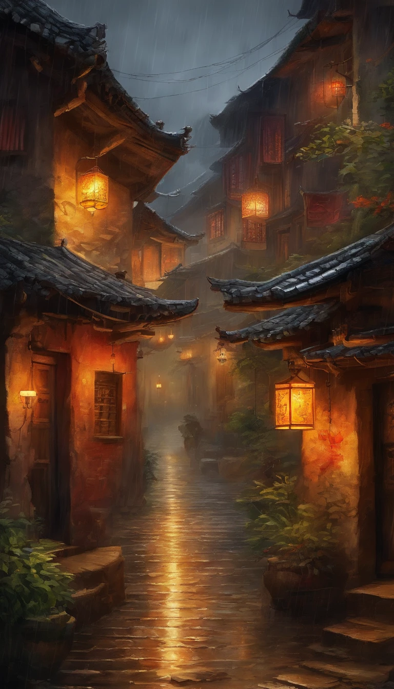 arafed view of a village with a lot of lights on the buildings, dreamy chinese town, chinese village, amazing wallpaper, japanese town, japanese village, hyper realistic photo of a town, old asian village, japanese city, by Raymond Han, rainy evening, cyberpunk chinese ancient castle, beautifully lit buildings, at evening during rain, beautiful and aesthetic, photography, cinematic, 8k, high detailed ((Heavy rain)))