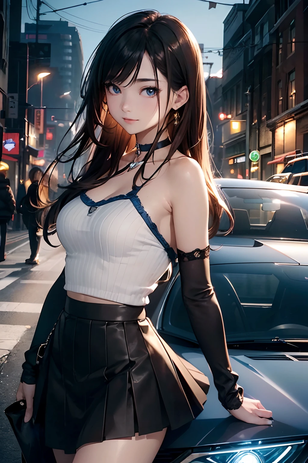 (offcial art、Best quality、Unity 8k Wallpapers、32K、tmasterpiece、ultra - detailed、超A high resolution、hentail realism、Photorealsitic:1.2)、(Cinematic lighting:1.2)、fire glow effect、Film grains、Best shadows、rim lit、side lights、sideshot、(Ultra-detailed and complex 3D rendering)、Detailed beautiful face and eyes、slenderness、Medium bust、(full bodyesbian:1.2)、 highly detailed back ground、beauitful face、blurred back、-yeld beiful girl、(Super detailed skin、detailed skin textures:1.3)、Chestnut bristles、with brown eye、Hip hop cable、cropped shoulders、jumper skirt、Black stockings、(thighs thighs thighs thighs:0.8)、Knitted sandals、City at night、gently smiling、choker necklace、dynamicposes、(Blue on female backgroundGT−R、A sports car illuminated by headlights:1.2)