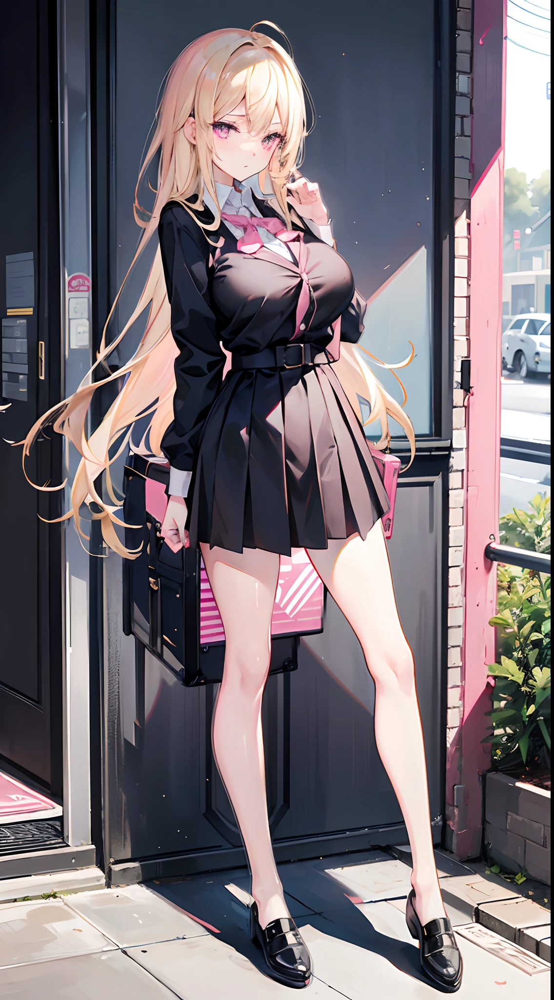 Long blonde hair to the waist，Pink eyes，black school uniform，At the school gate，Next to the bus stop，Buses passed，Stuck with the issuing card，Ruffled his hair，Holding a pink suitcase in his hand，Long legs，huge tit，and the sun was shining brightly，chiquita，expressiveless