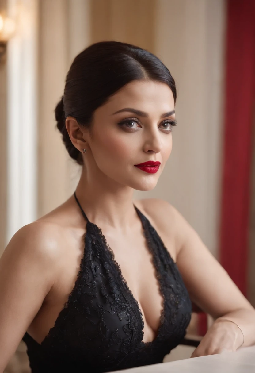 (Aishwarya Rai lookalike), (beautiful dark-haired woman), (naked chest), (sitting on a table), (elegant side ponytail), (hair covering one eye), (open mouth), (sensual expression), (red lips), (intense gaze), (best quality,4k, highres:1.2), (photorealistic), (portrait), (vivid colors), (cinematic lighting) showing big boobs, completely naked